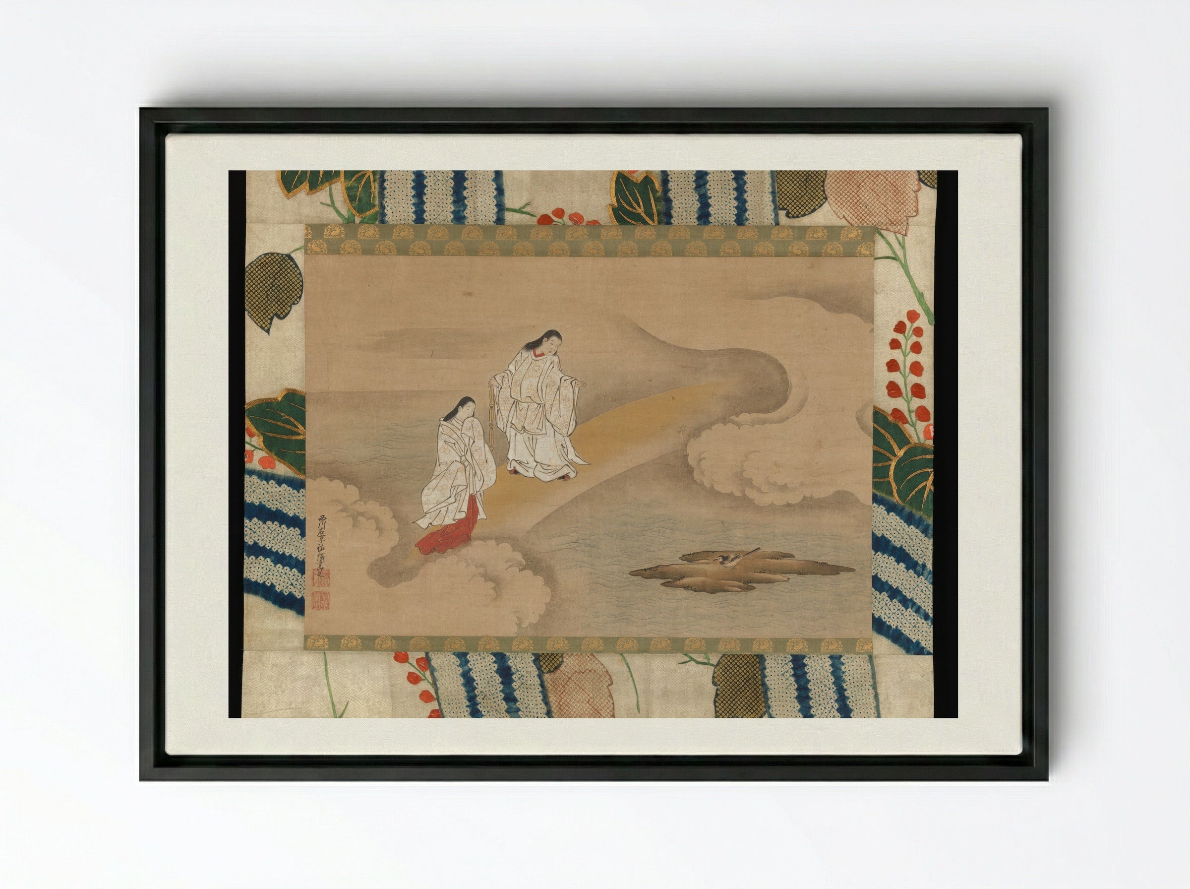 The God Izanagi and Goddess Izanami - Nishikawa Sukenobu - Framed Canvas Black