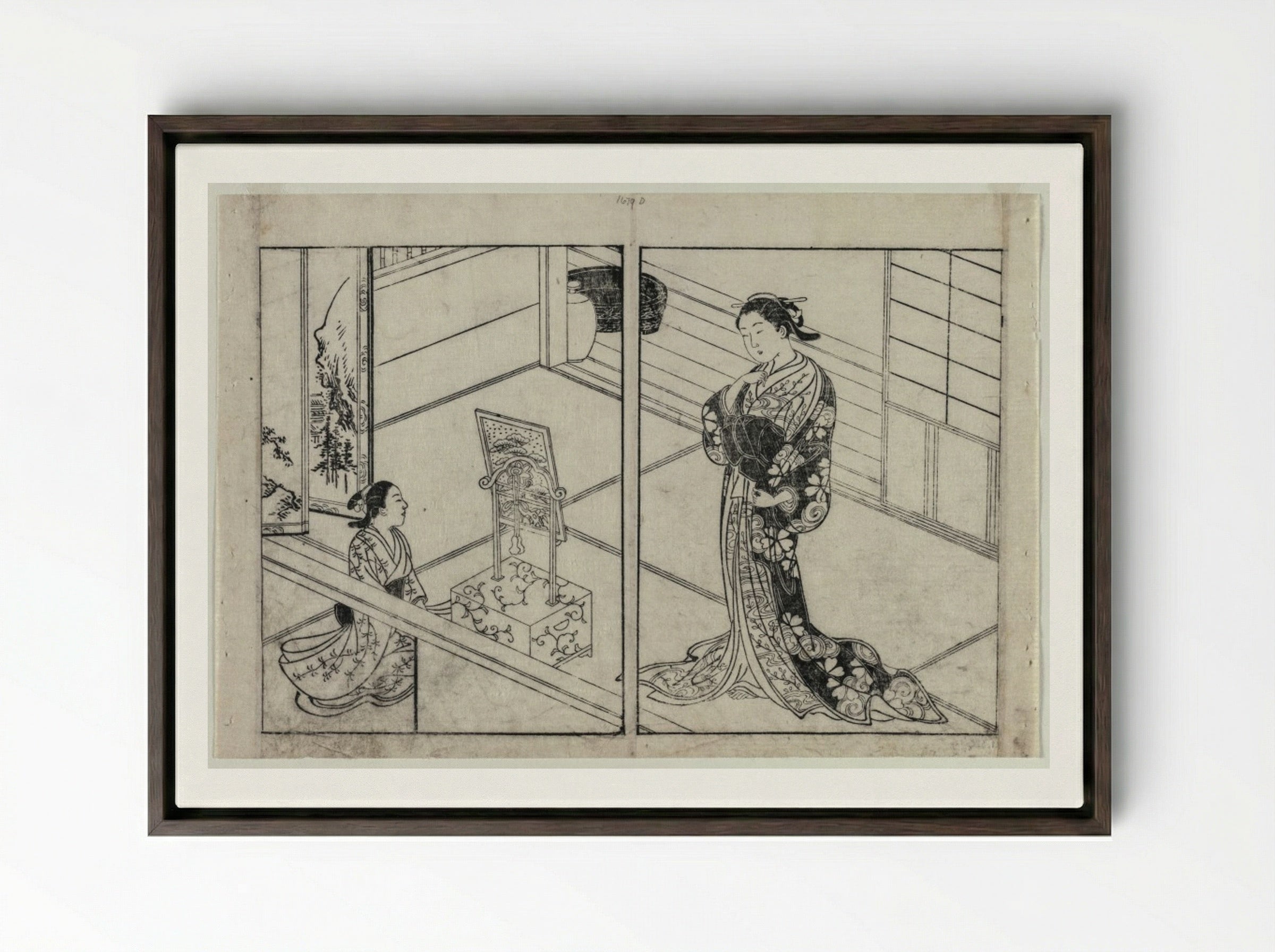 Woman and Child Beside a Mirror Stand - Nishikawa Sukenobu - Framed Canvas Dark Wood