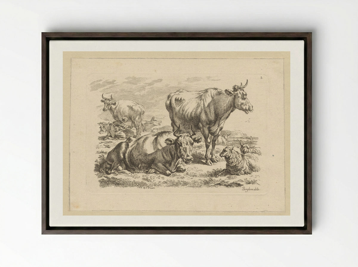 Staande en liggende runderen en een koe die gemolken wordt - François Vivares - Framed Canvas Dark Wood