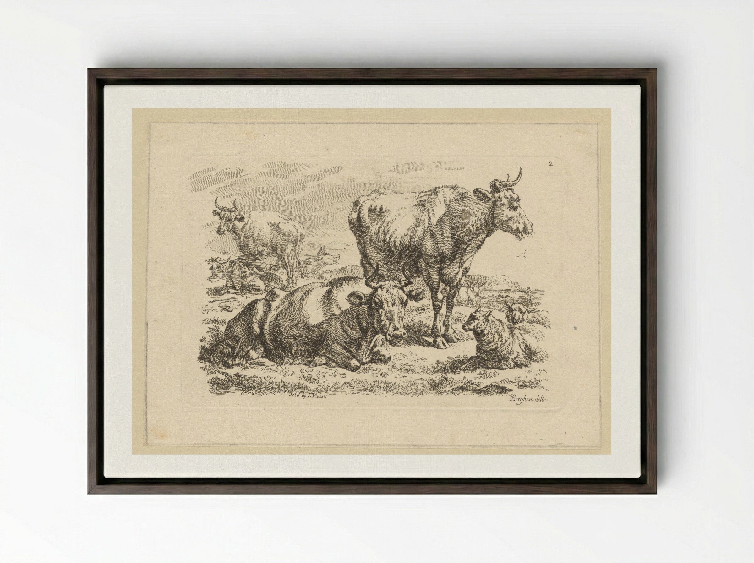 Staande en liggende runderen en een koe die gemolken wordt - François Vivares - Framed Canvas Dark Wood