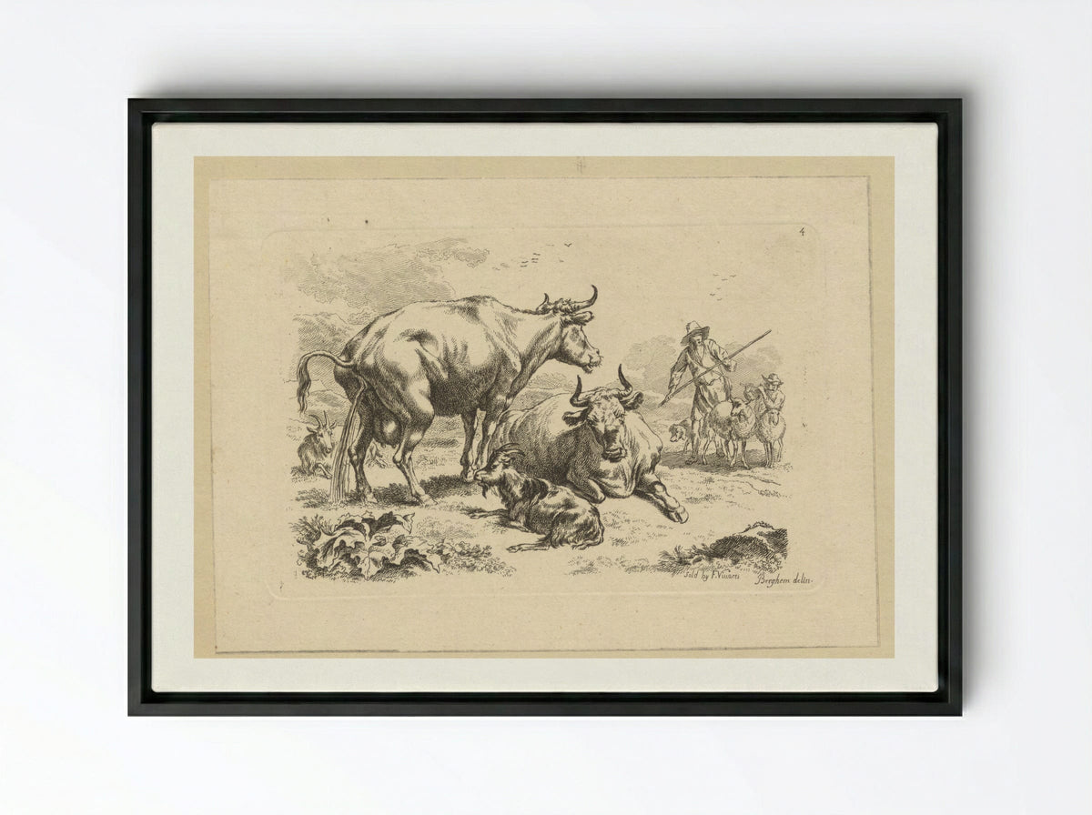 Plassende koe, een liggende koe, geiten en herders met schapen - François Vivares - Framed Canvas Black