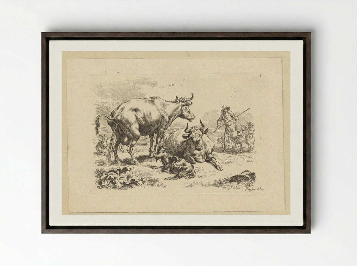Plassende koe, een liggende koe, geiten en herders met schapen - François Vivares - Framed Canvas Dark Wood