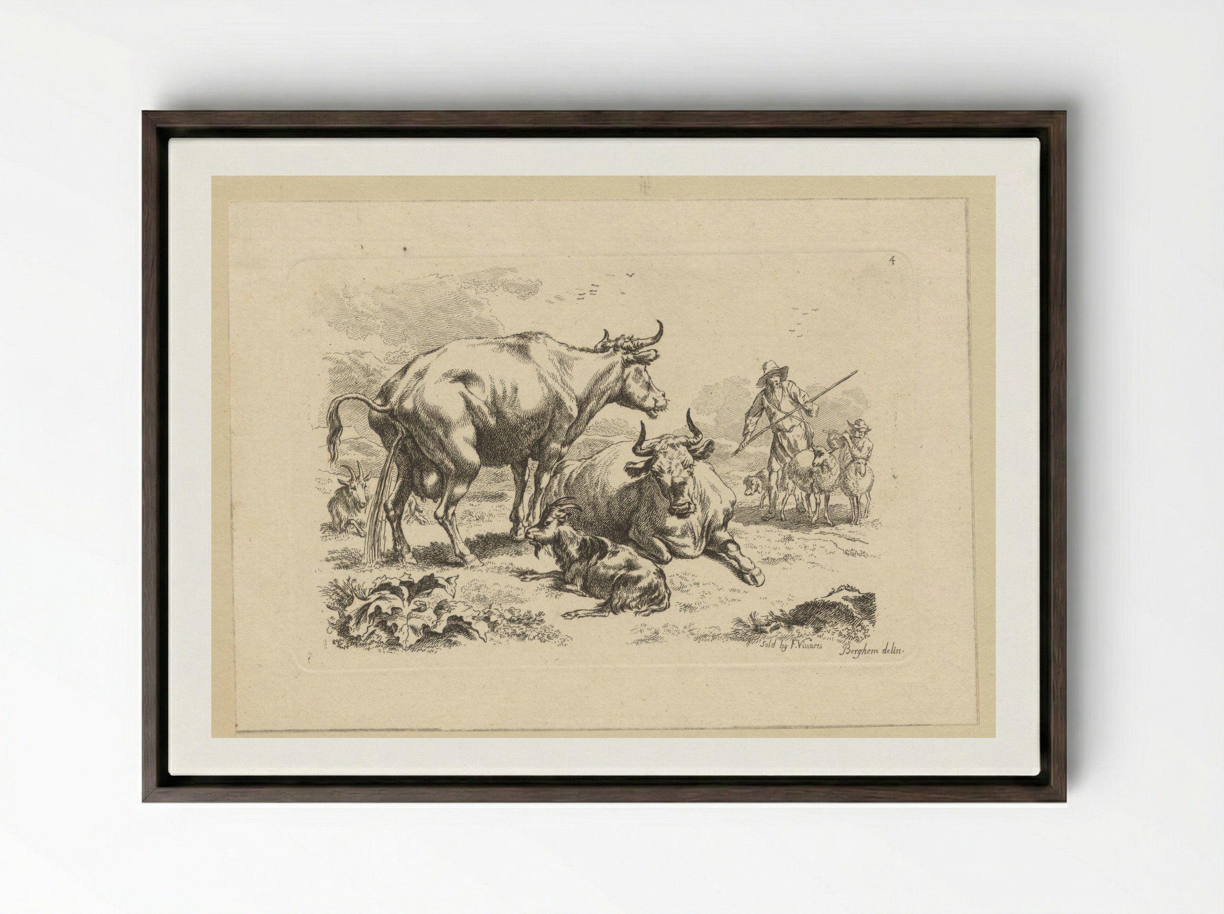 Plassende koe, een liggende koe, geiten en herders met schapen - François Vivares - Framed Canvas Dark Wood
