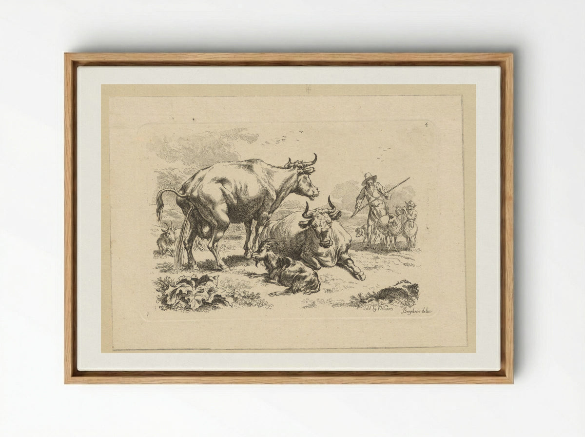 Plassende koe, een liggende koe, geiten en herders met schapen - François Vivares - Framed Canvas Wood