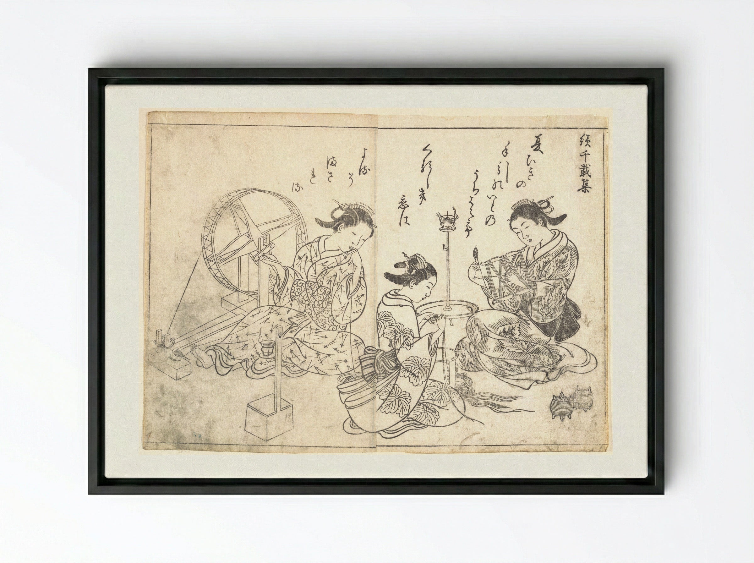 Three Courtesans Weaving Silk - Nishikawa Sukenobu - Framed Canvas Black