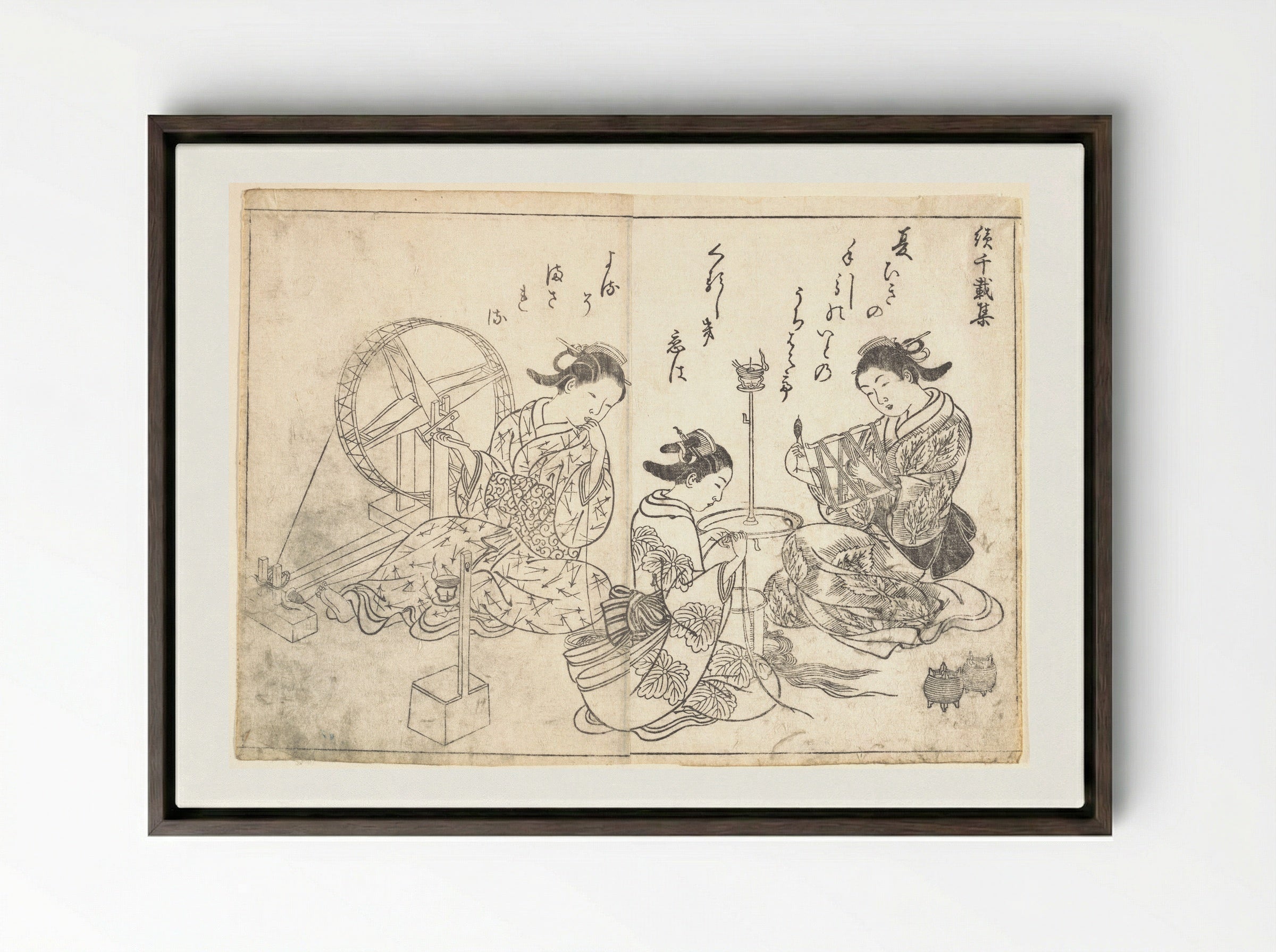 Three Courtesans Weaving Silk - Nishikawa Sukenobu - Framed Canvas Dark Wood