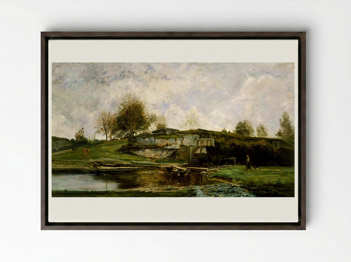 Sluice in the Optevoz Valley - Charles-François Daubigny - Framed Canvas Dark Wood