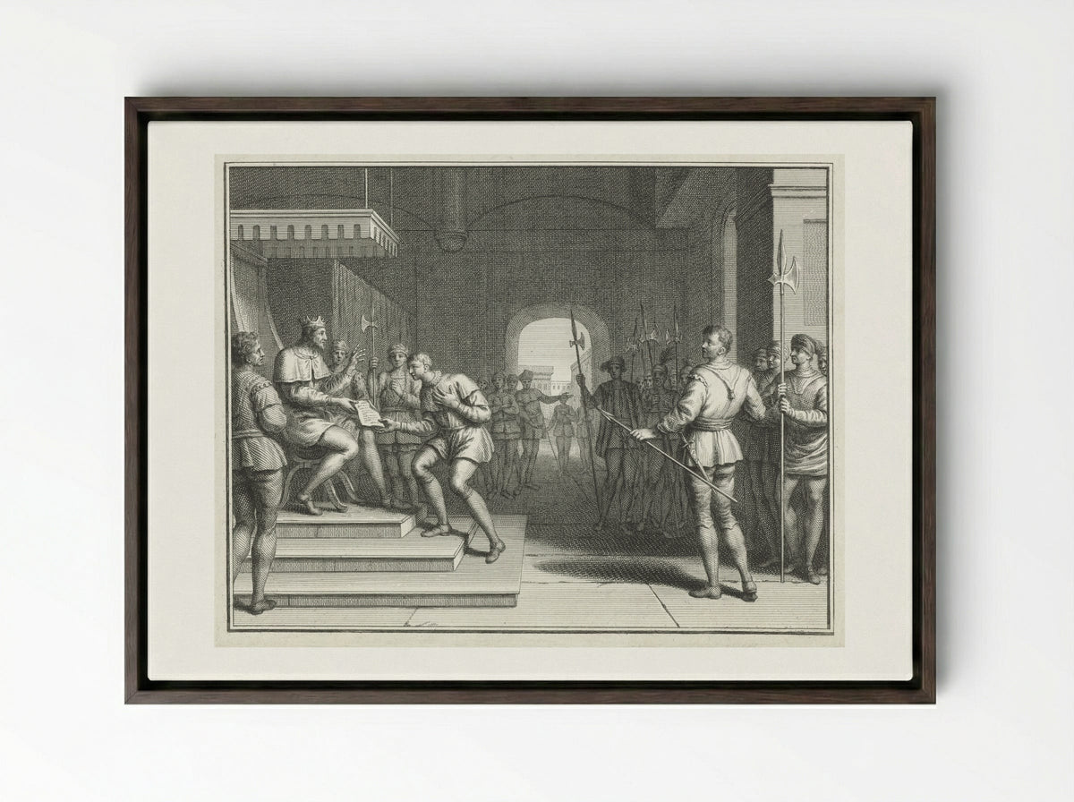 Karel de Eenvoudige verleent Dirk I de titel graaf van Holland - Pieter Tanjé - Framed Canvas Dark Wood