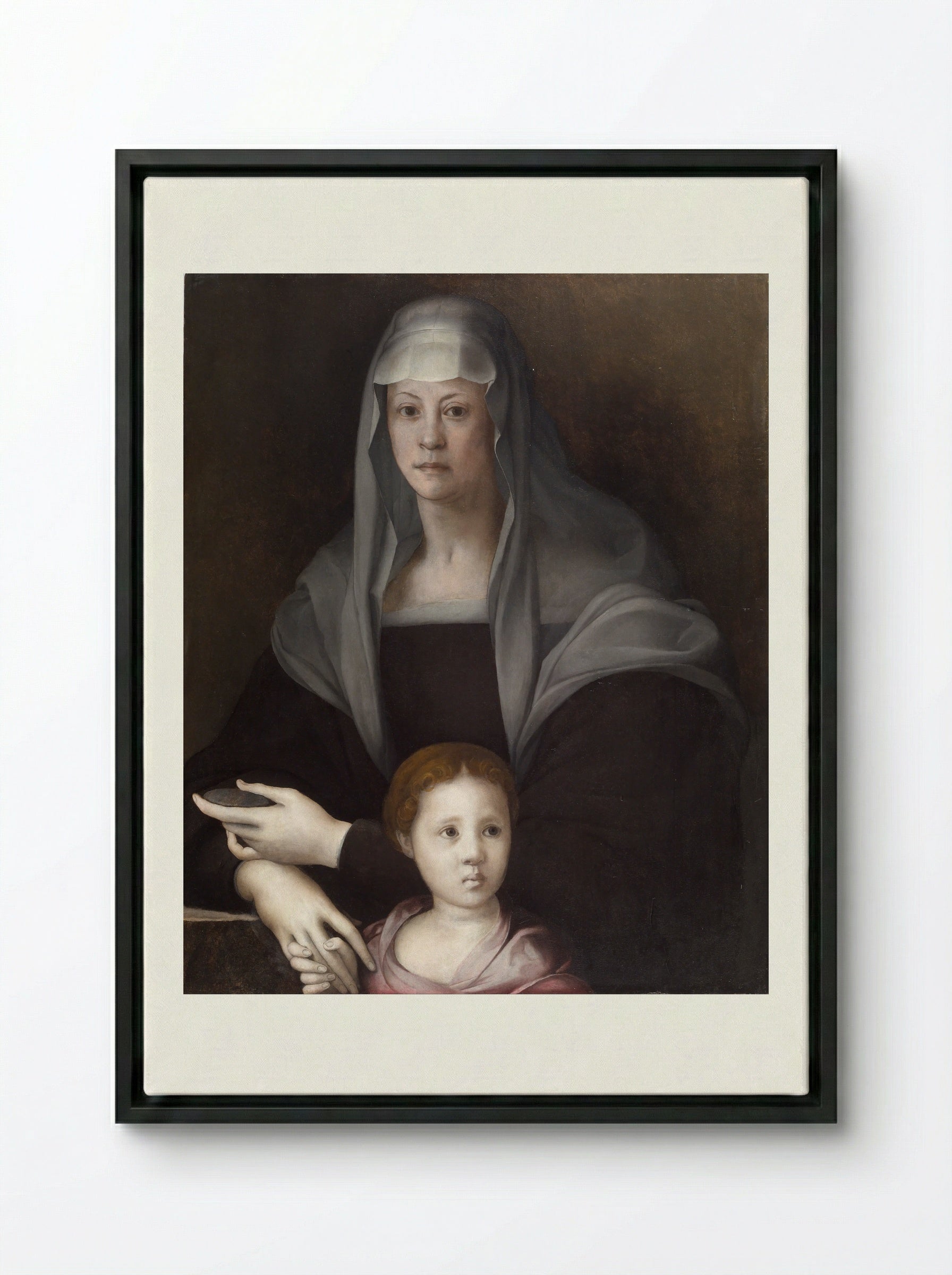 Portrait of Maria Salviati with Giulia de' Medici - Jacopo Pontormo - Framed Canvas Black