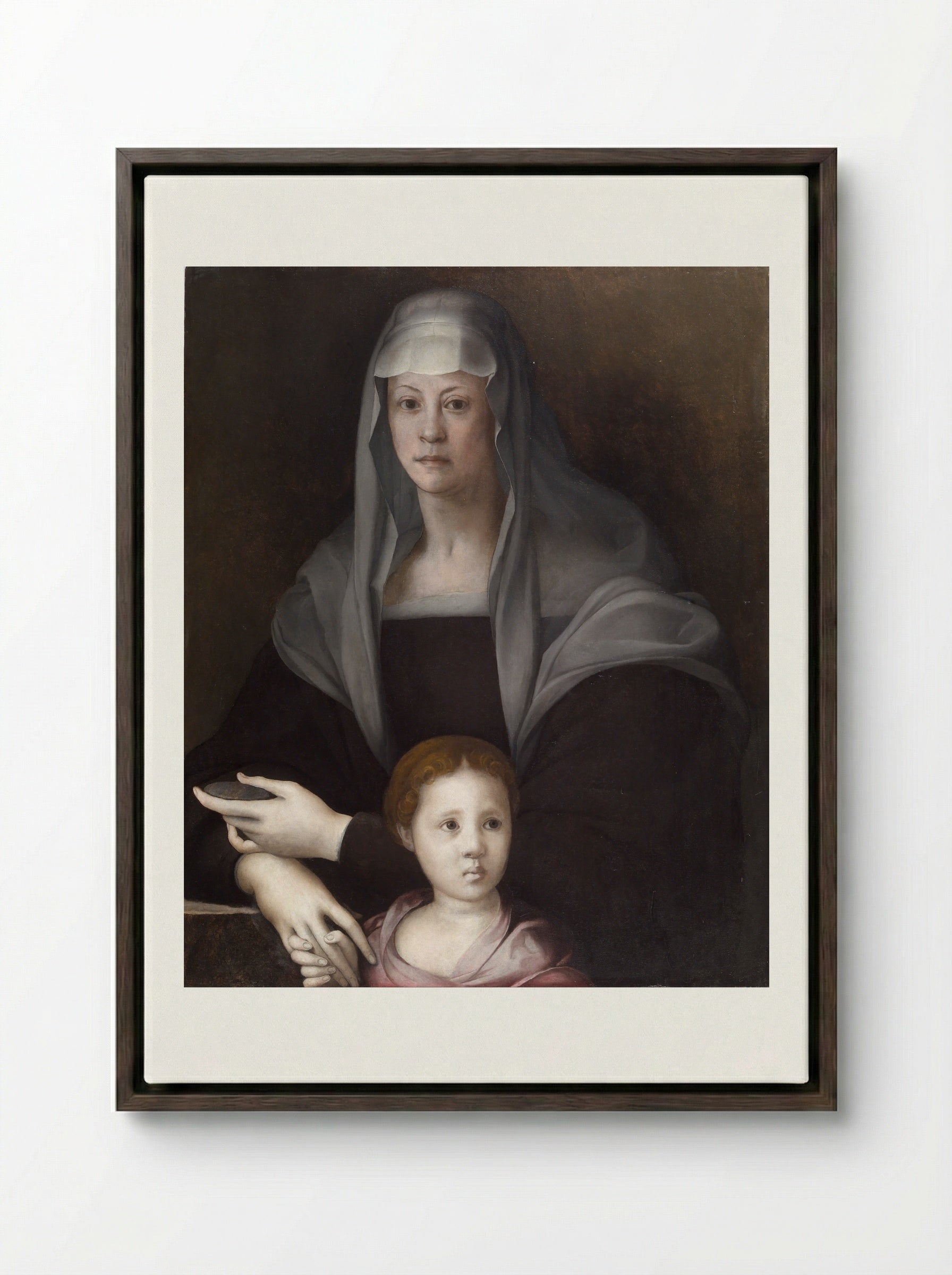 Portrait of Maria Salviati with Giulia de' Medici - Jacopo Pontormo - Framed Canvas Dark Wood