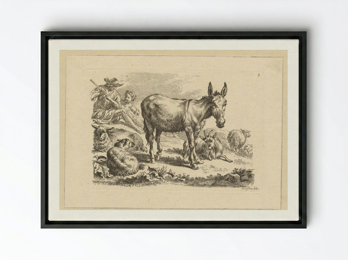 Rustende herders met ezel - François Vivares - Framed Canvas Black