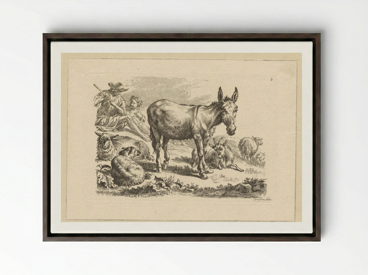 Rustende herders met ezel - François Vivares - Framed Canvas Dark Wood