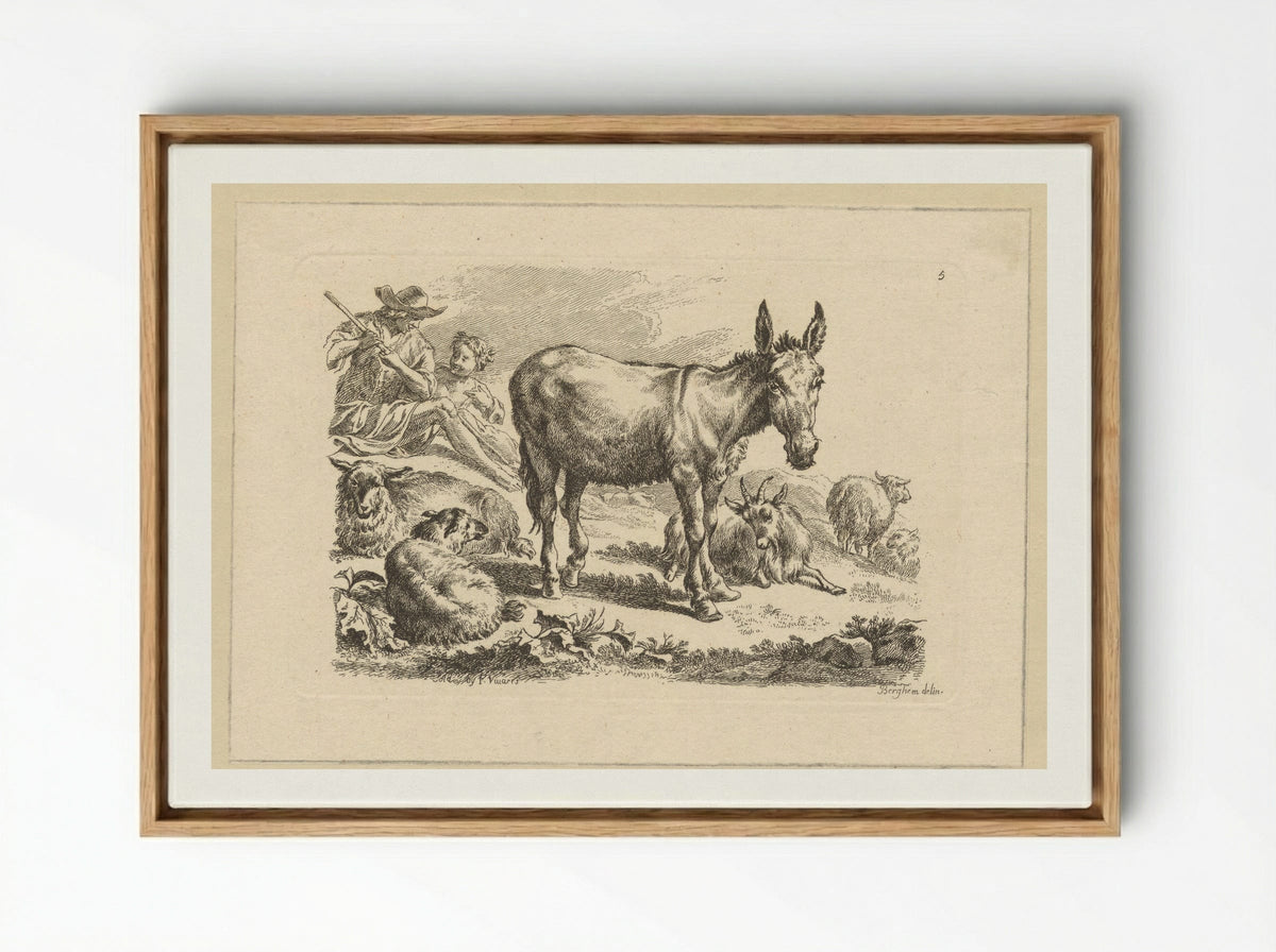 Rustende herders met ezel - François Vivares - Framed Canvas Wood