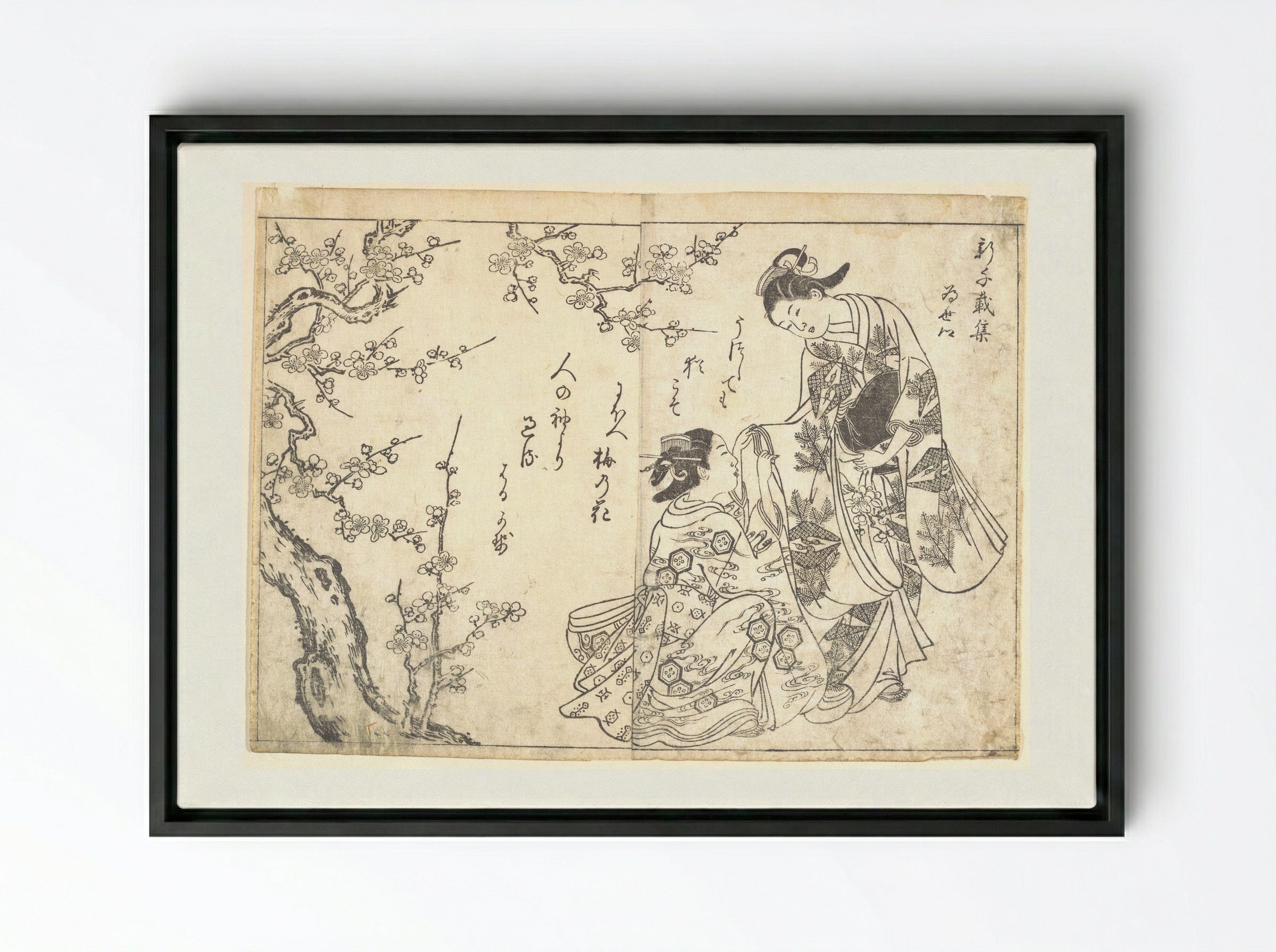 Two Girls Under Plum Tree - Nishikawa Sukenobu - Framed Canvas Black