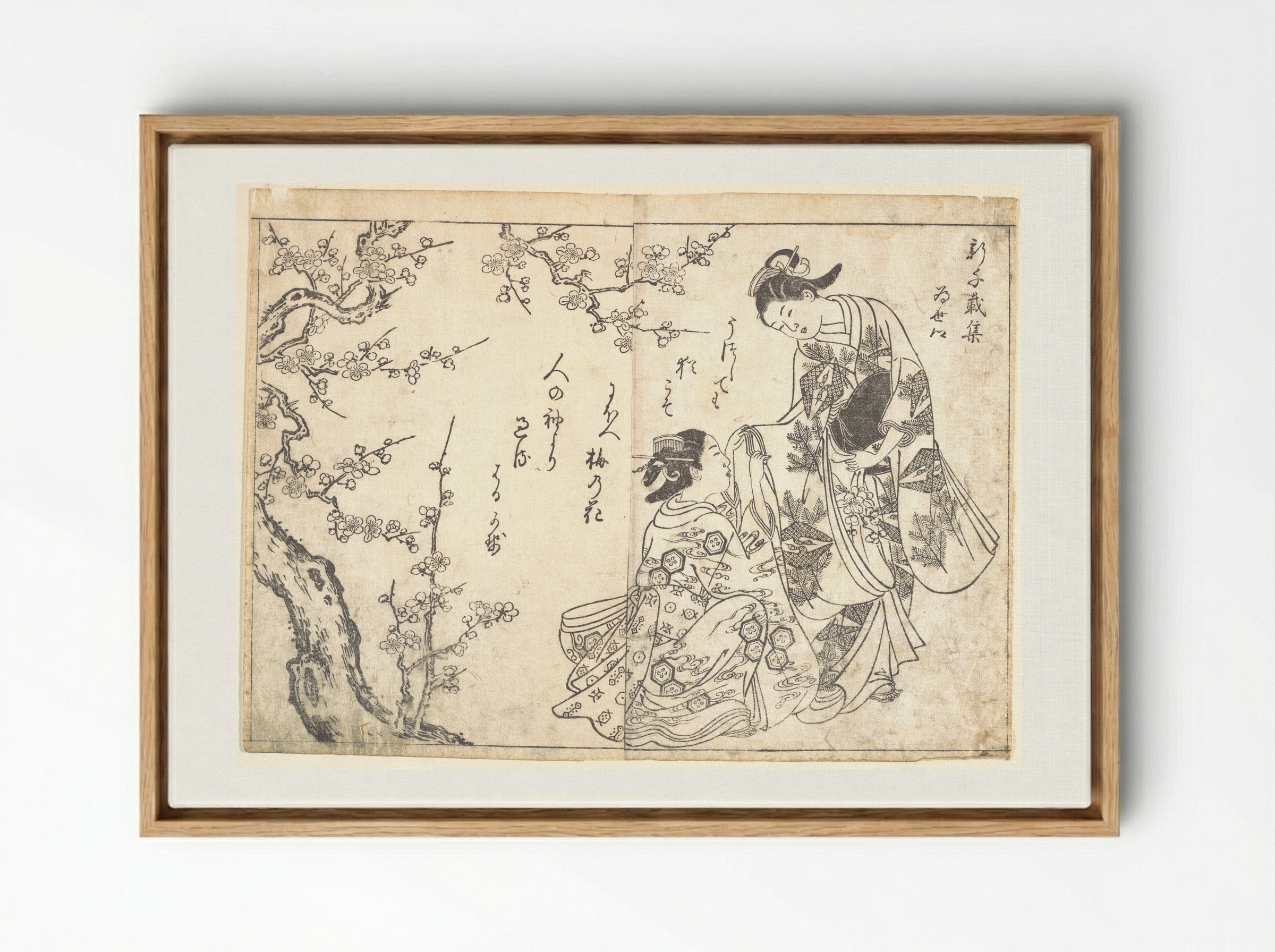 Two Girls Under Plum Tree - Nishikawa Sukenobu - Framed Canvas Wood