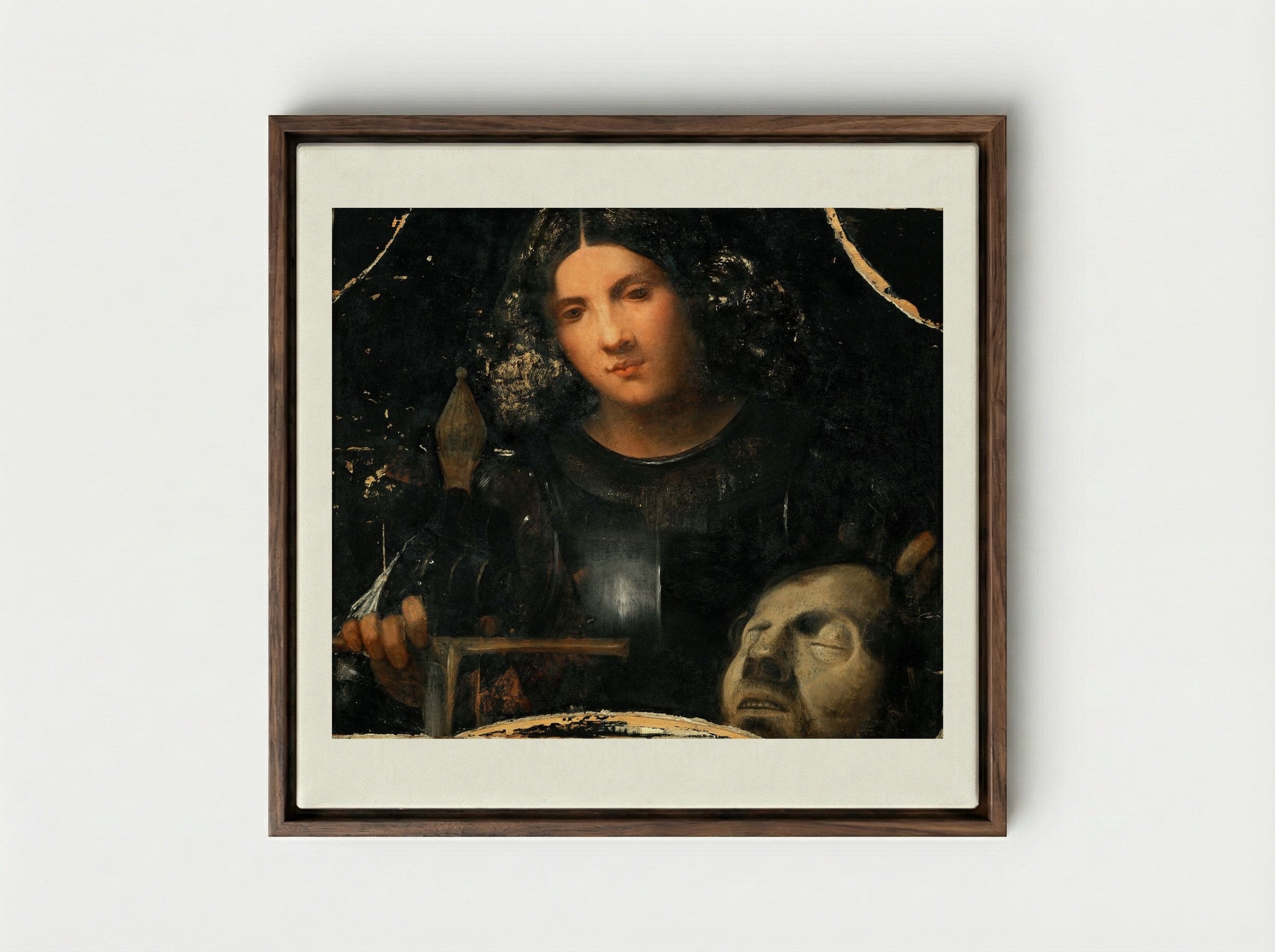 David with the Head of Goliath - Giorgione - Framed Canvas Dark Wood