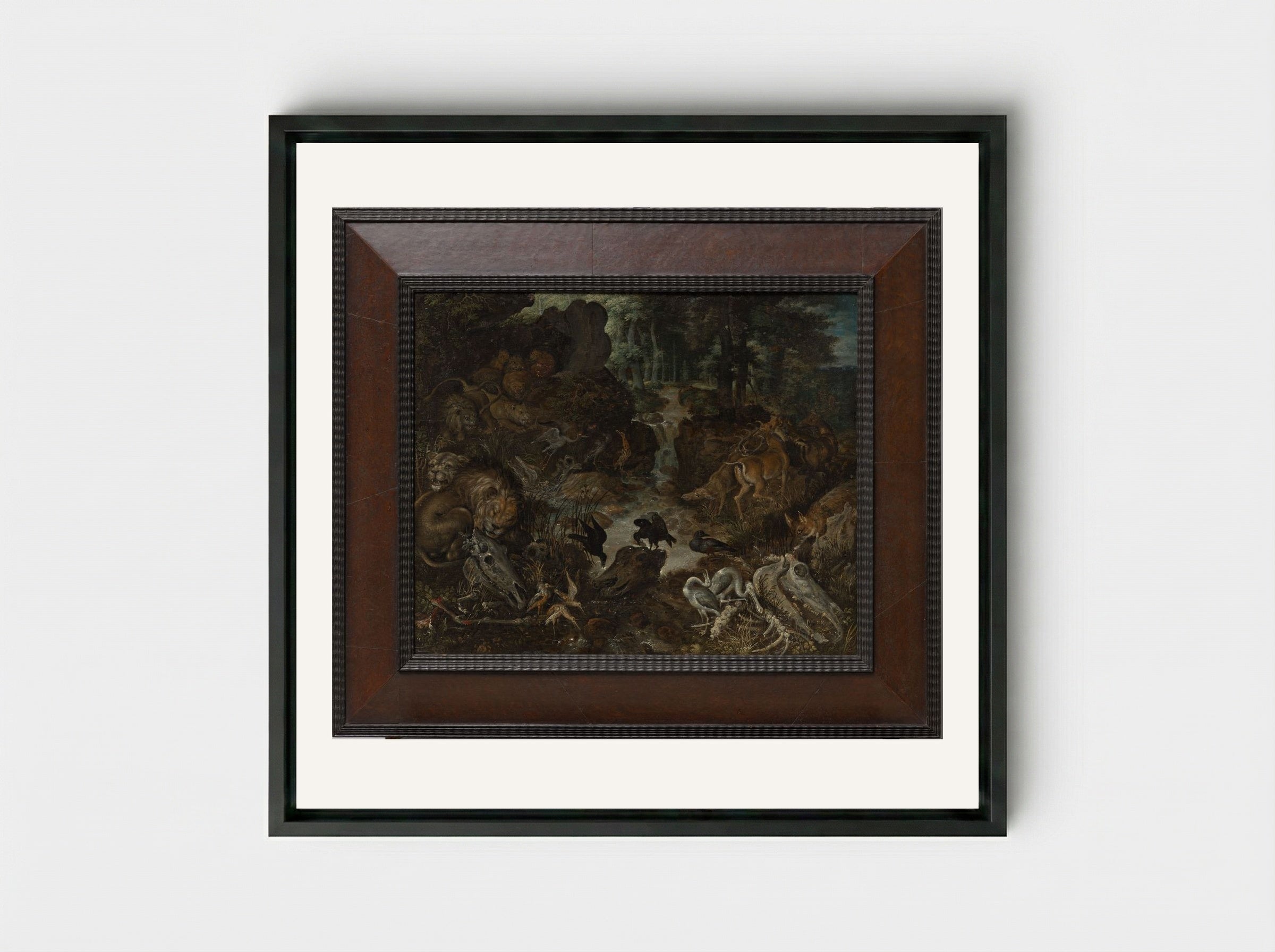 Lions and Fox in a Rugged Landscape - Roelant Savery - Framed Canvas Black
