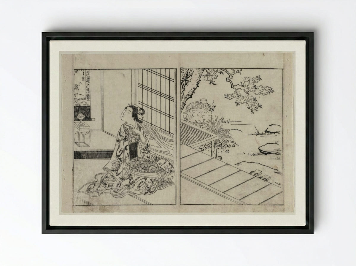 Woman Looking at a Hanging Scroll - Nishikawa Sukenobu - Framed Canvas Black