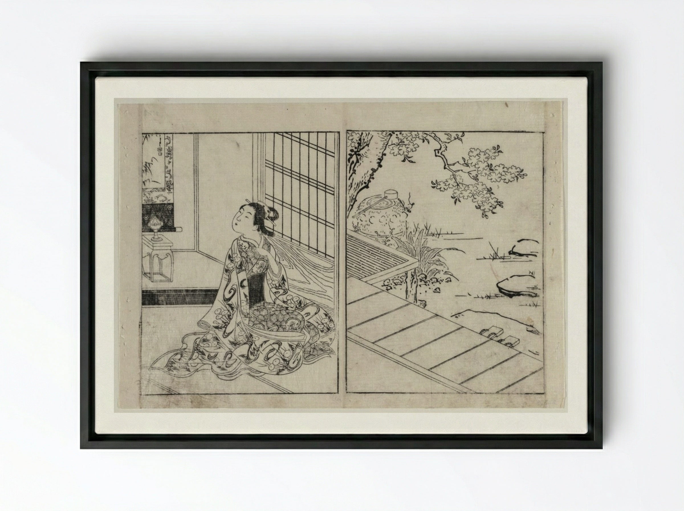 Woman Looking at a Hanging Scroll - Nishikawa Sukenobu - Framed Canvas Black