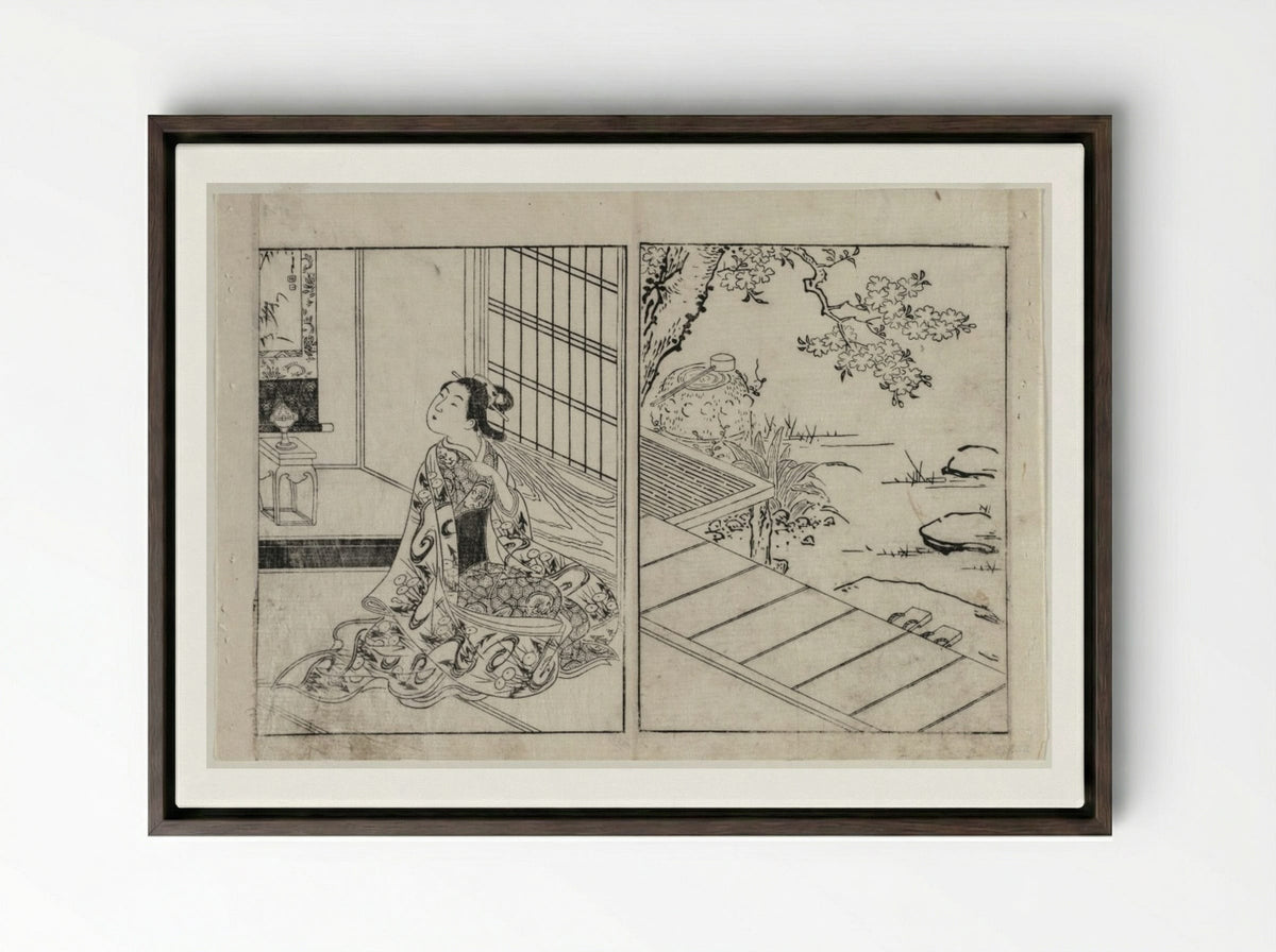 Woman Looking at a Hanging Scroll - Nishikawa Sukenobu - Framed Canvas Dark Wood