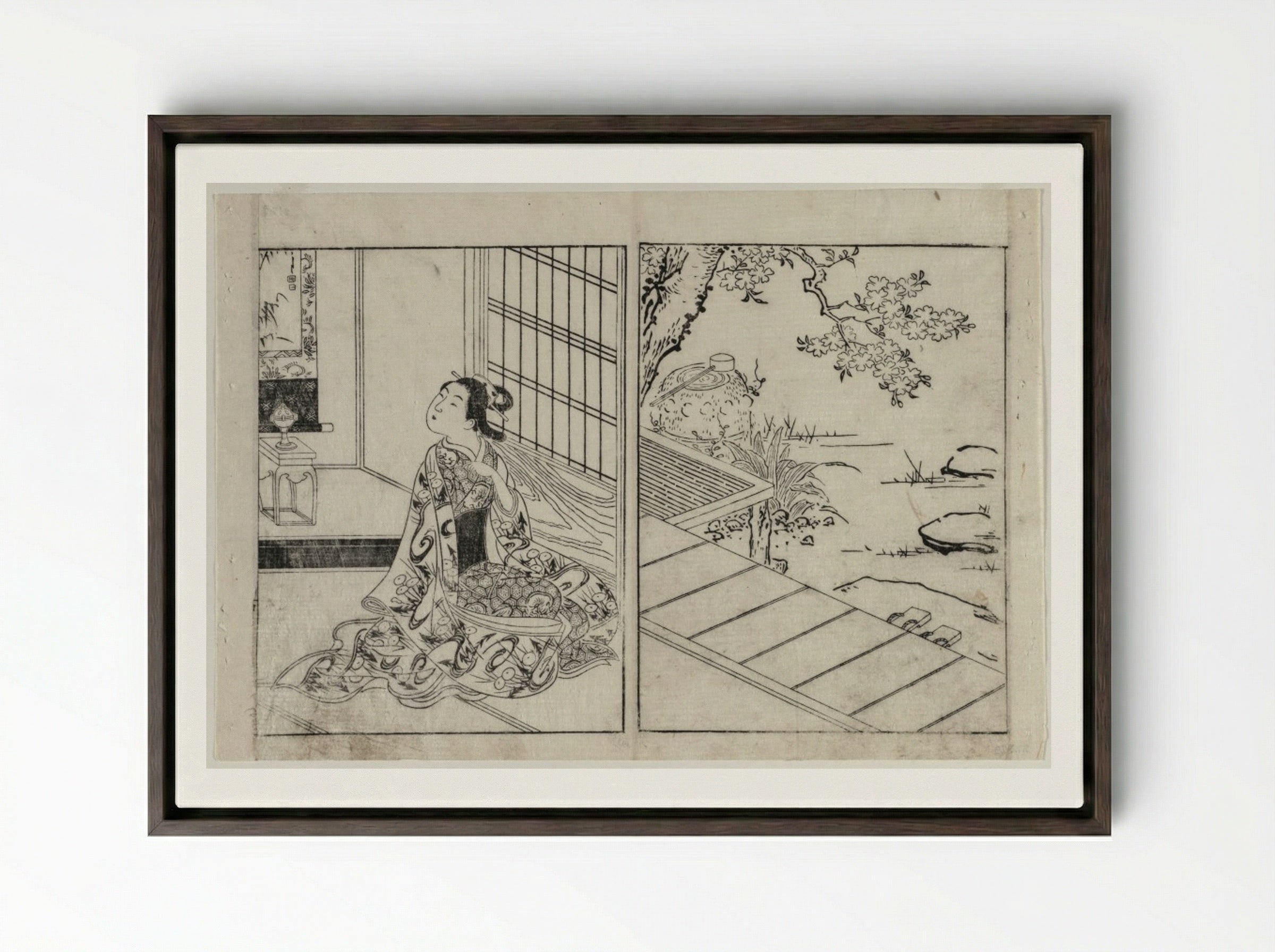 Woman Looking at a Hanging Scroll - Nishikawa Sukenobu - Framed Canvas Dark Wood