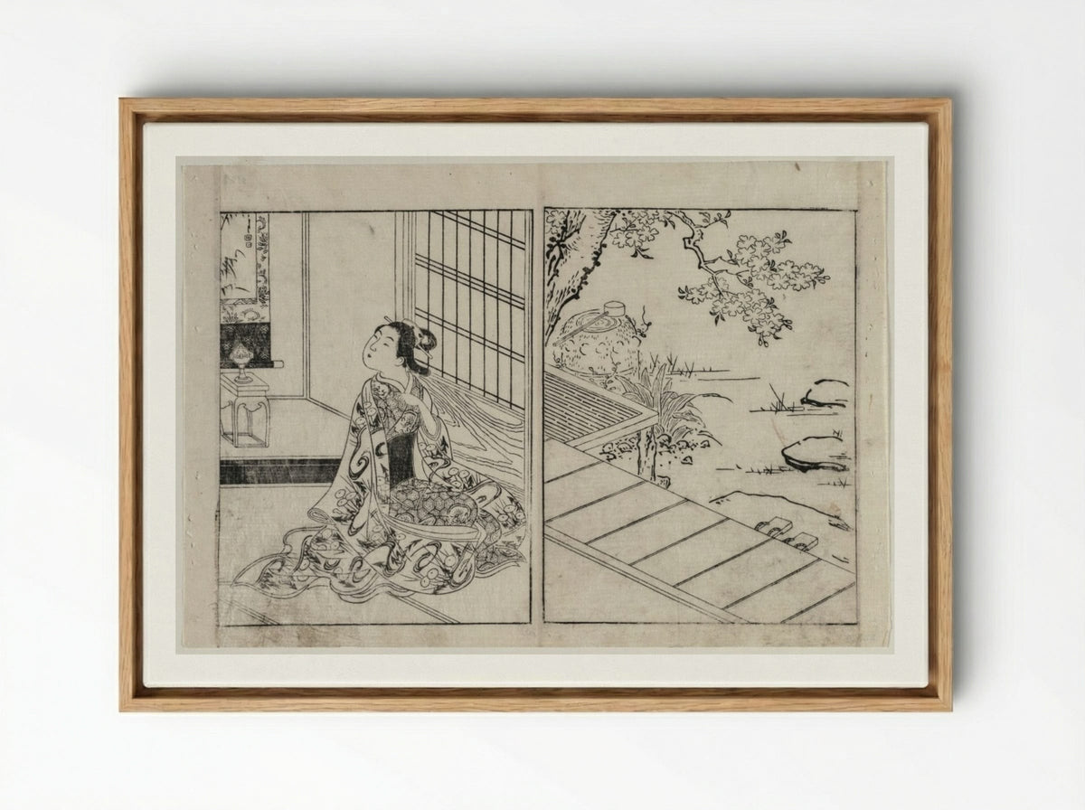 Woman Looking at a Hanging Scroll - Nishikawa Sukenobu - Framed Canvas Wood