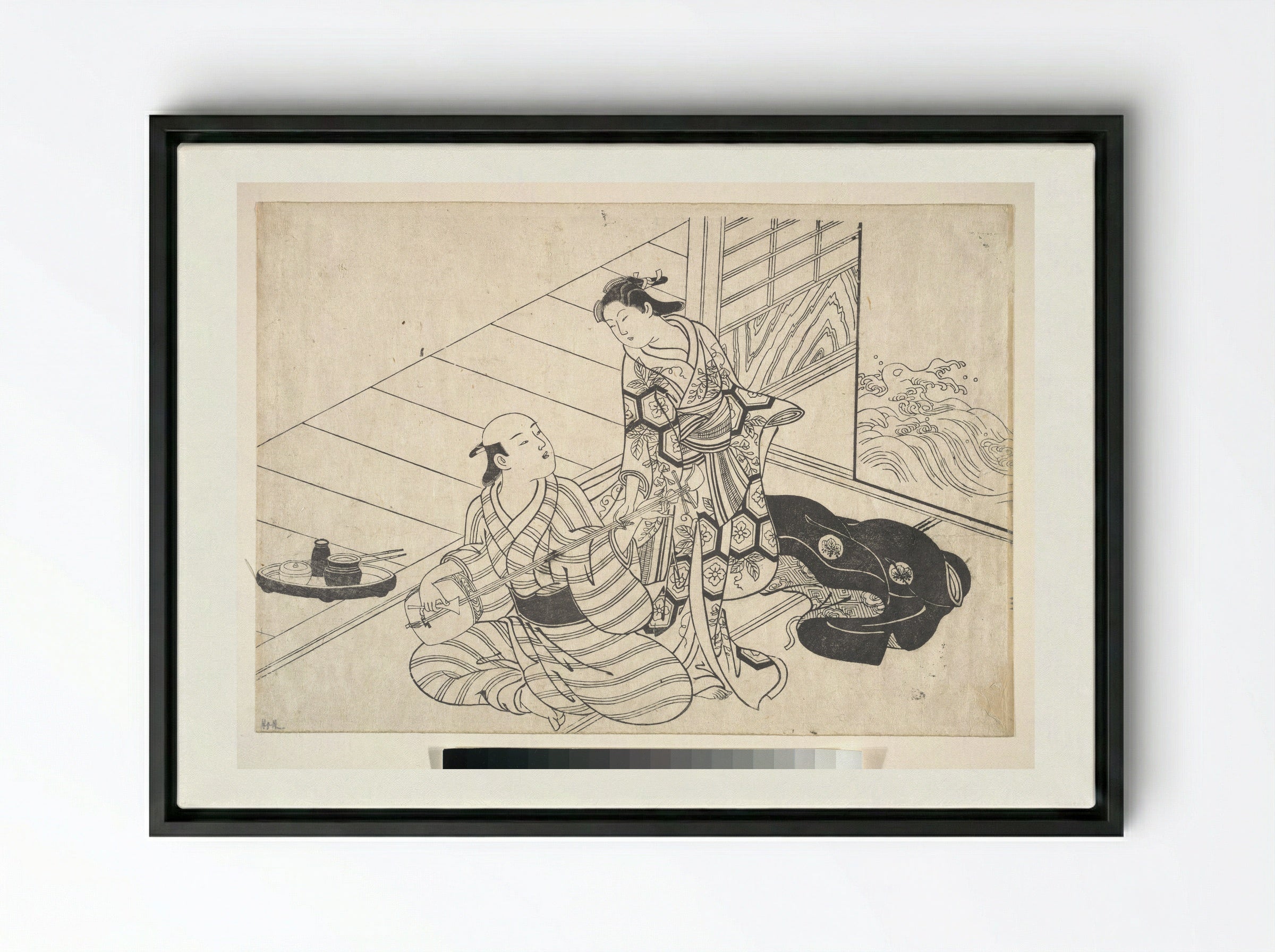 Lady Interrupting Her Lover, who is Playing the Shamisen - Nishikawa Sukenobu - Framed Canvas Black