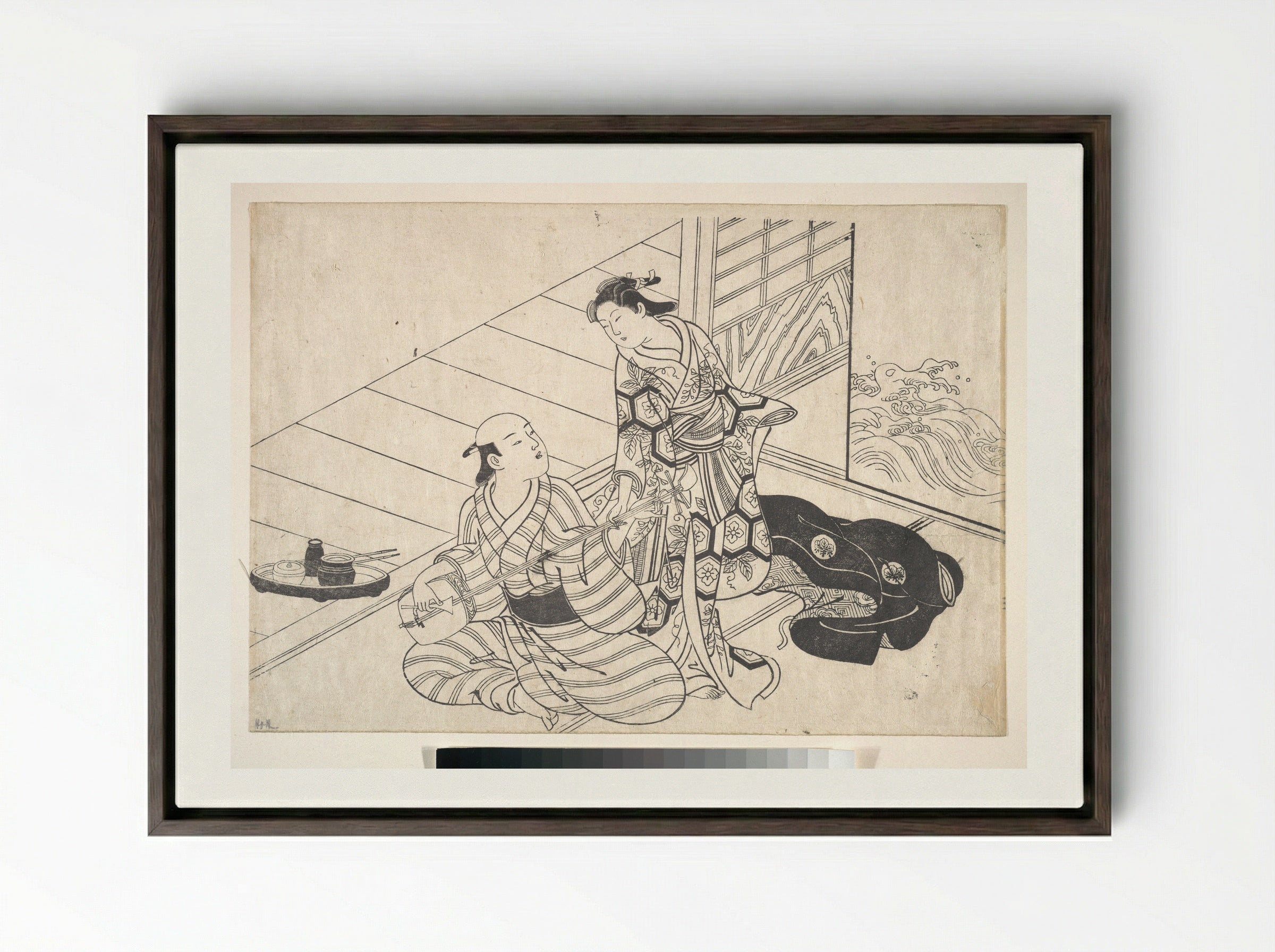 Lady Interrupting Her Lover, who is Playing the Shamisen - Nishikawa Sukenobu - Framed Canvas Dark Wood