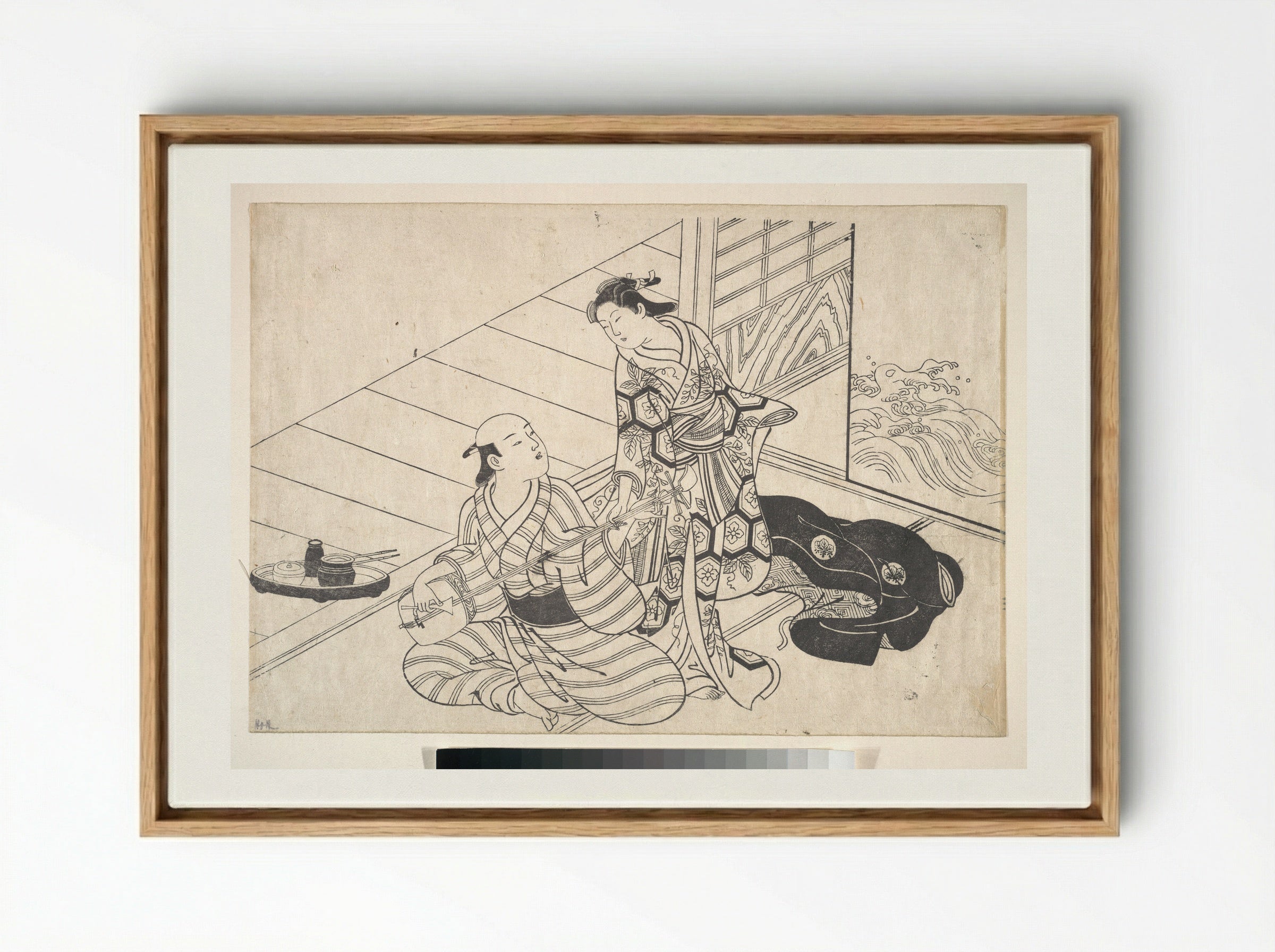 Lady Interrupting Her Lover, who is Playing the Shamisen - Nishikawa Sukenobu - Framed Canvas Wood