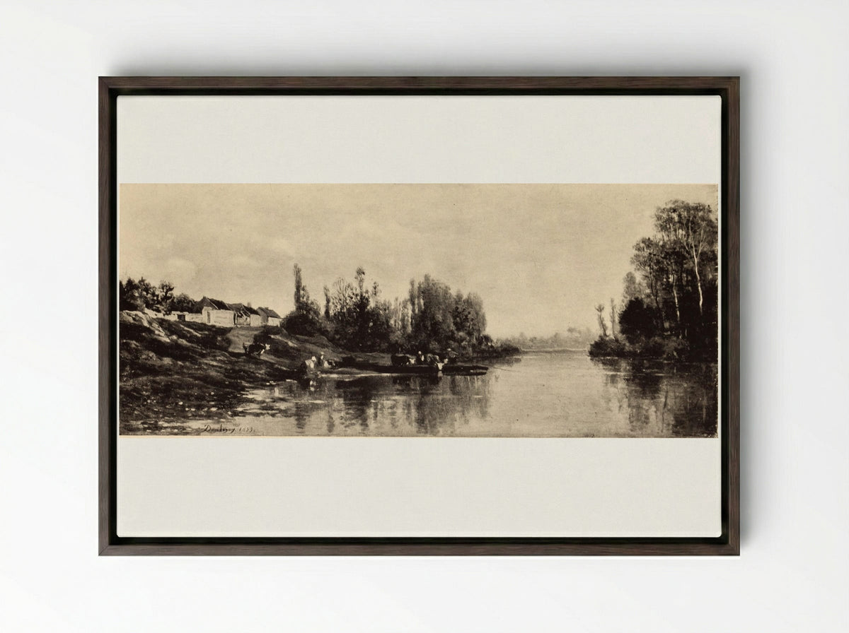A Bend in the River Oise - Charles-Francois Daubigny - Framed Canvas Dark Wood