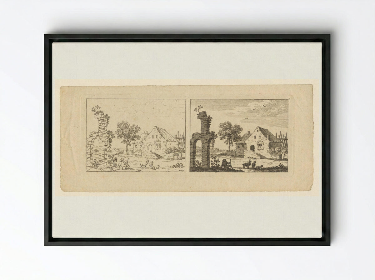 Two Views of a Farmstead and Ruin - François Vivares - Framed Canvas Black