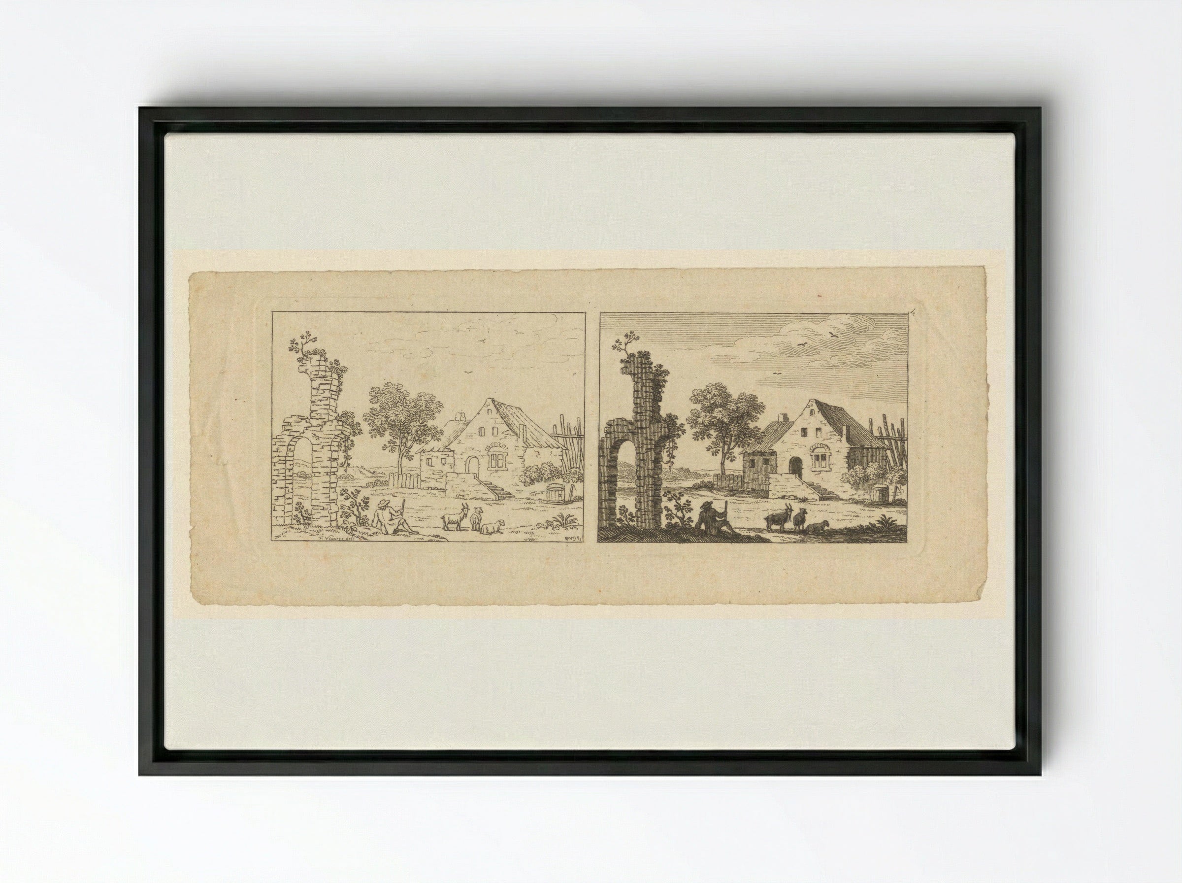 Two Views of a Farmstead and Ruin - François Vivares - Framed Canvas Black