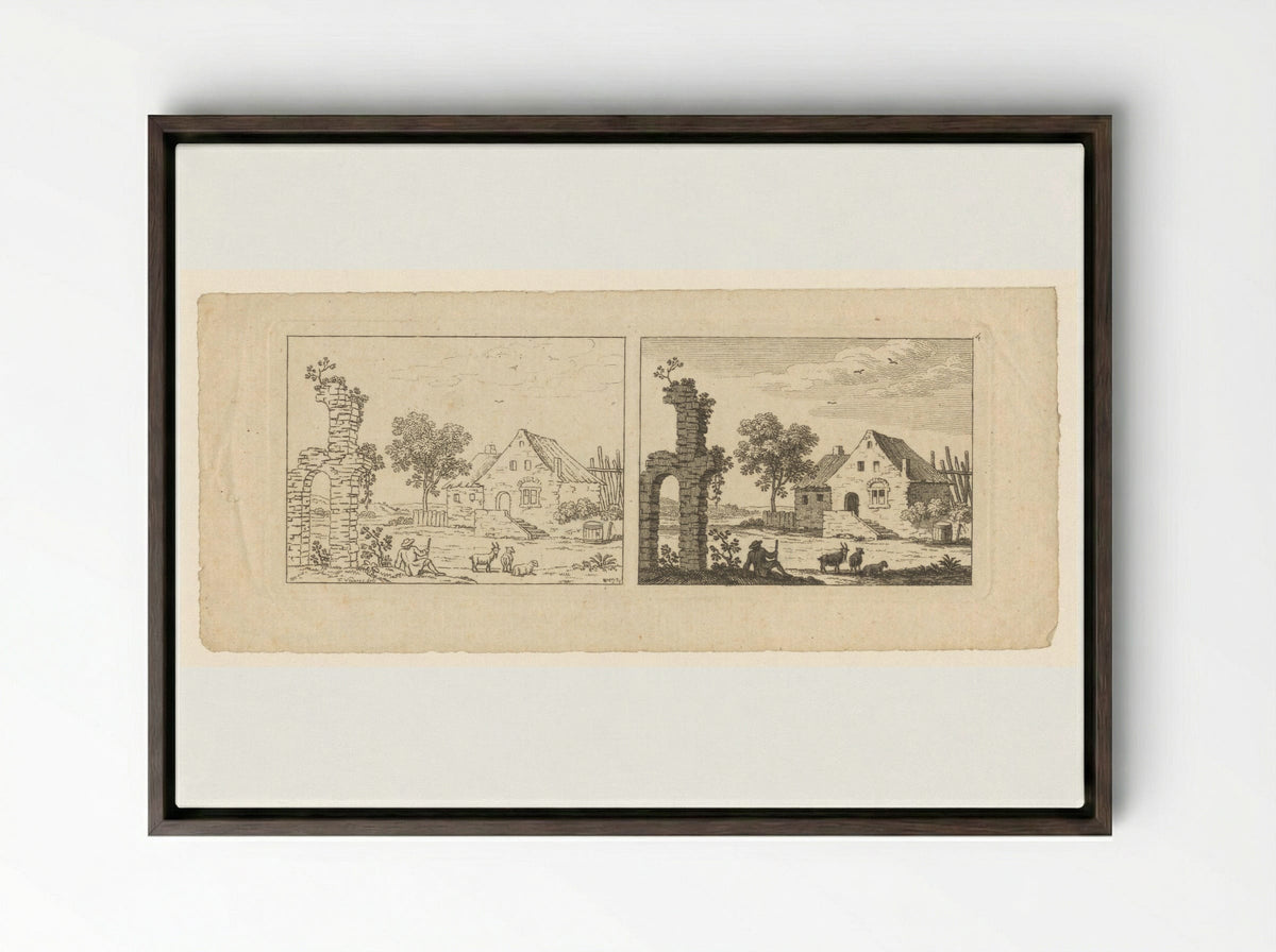 Two Views of a Farmstead and Ruin - François Vivares - Framed Canvas Dark Wood