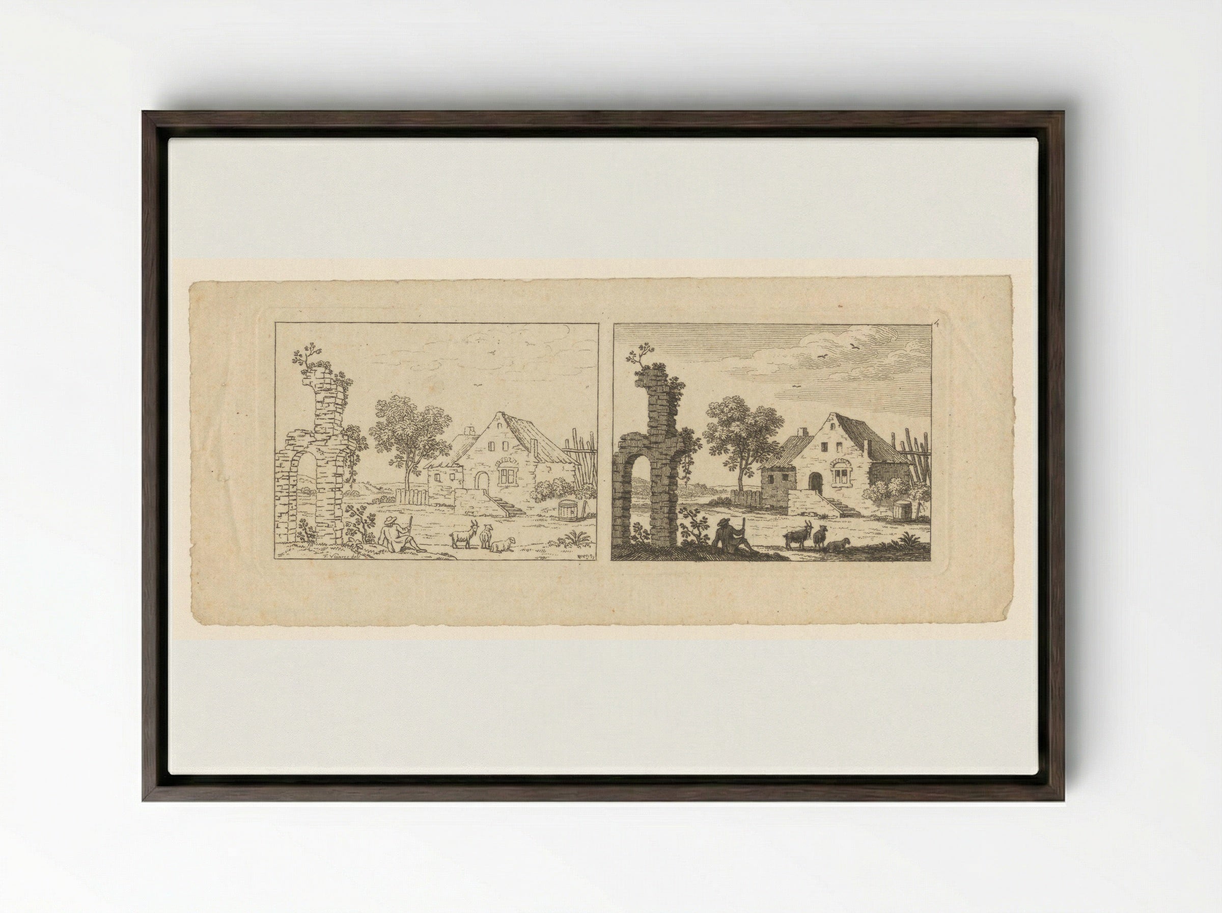 Two Views of a Farmstead and Ruin - François Vivares - Framed Canvas Dark Wood