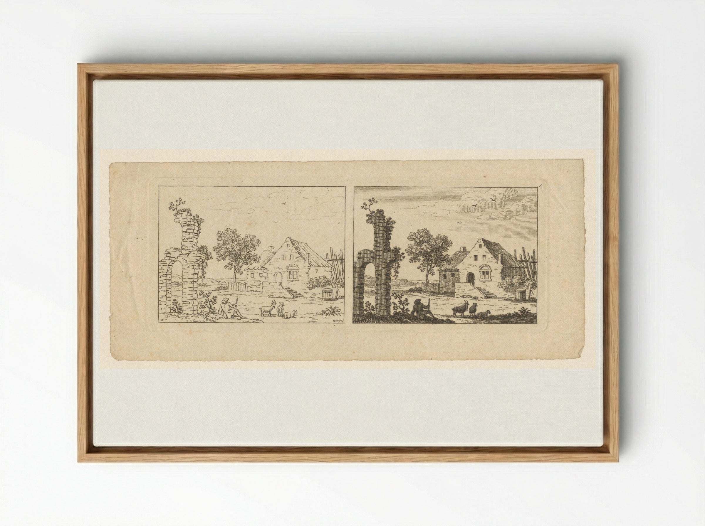Two Views of a Farmstead and Ruin - François Vivares - Framed Canvas Wood