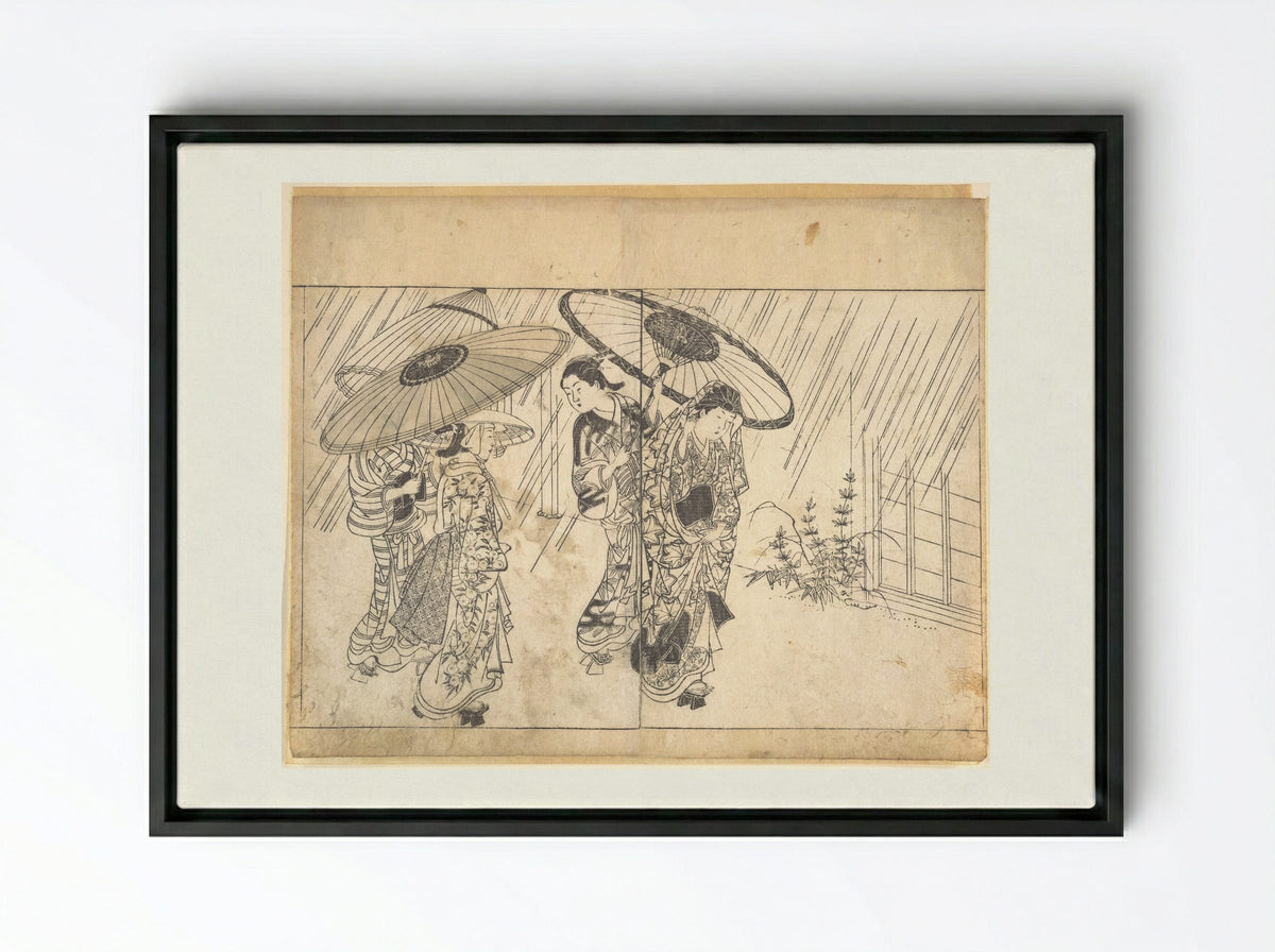 A Lady with Three Attendants in the Rain - Nishikawa Sukenobu - Framed Canvas Black
