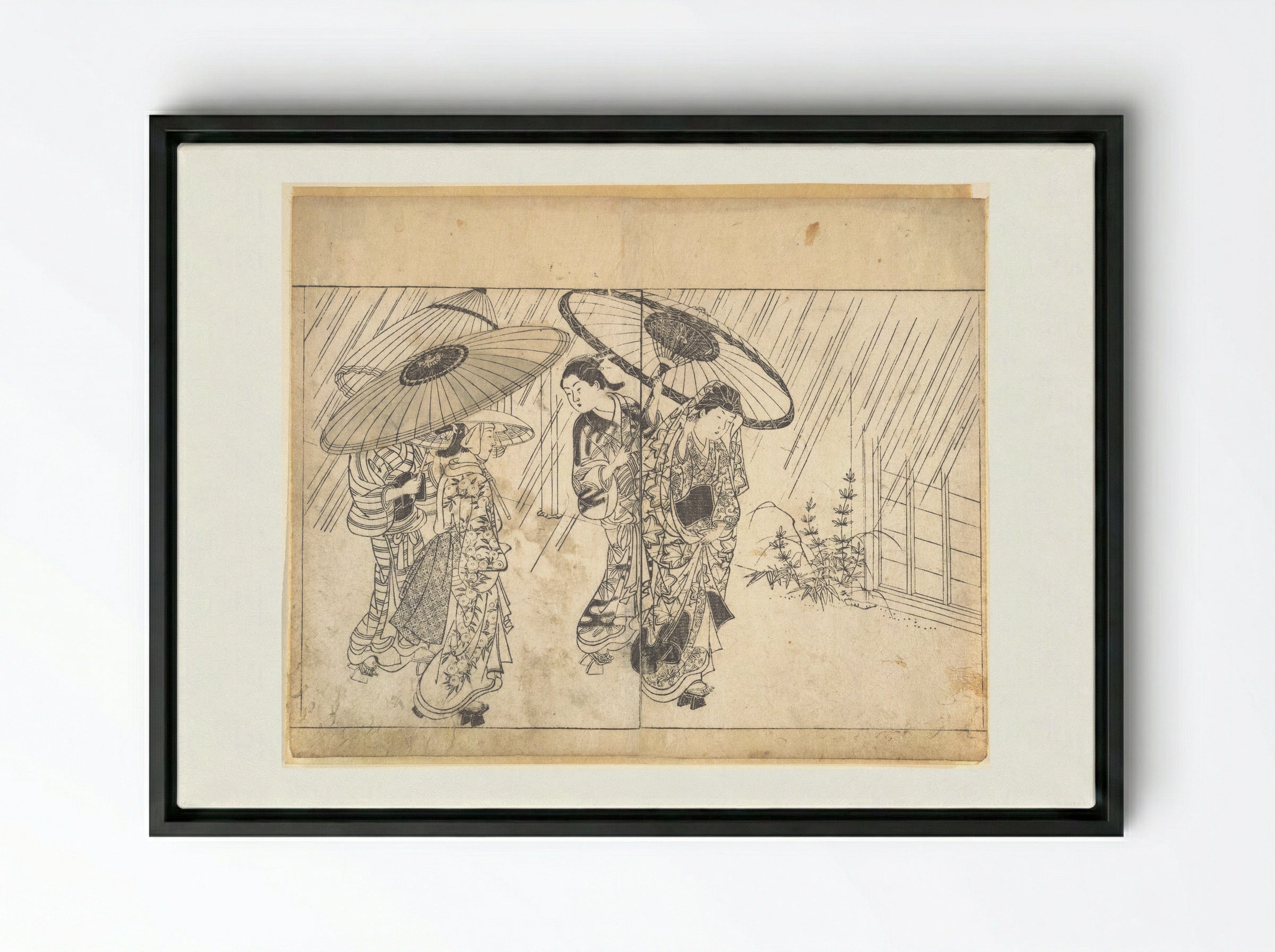 A Lady with Three Attendants in the Rain - Nishikawa Sukenobu - Framed Canvas Black