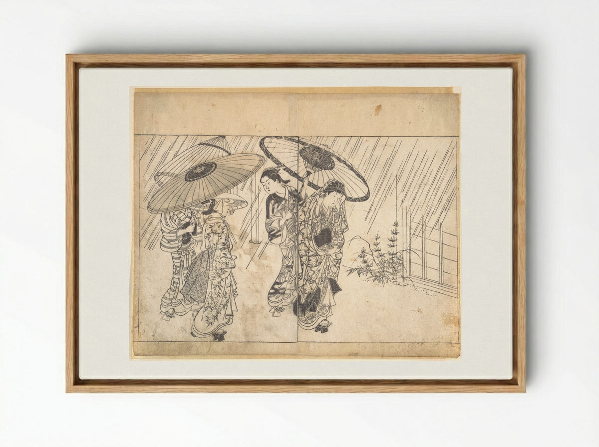 A Lady with Three Attendants in the Rain - Nishikawa Sukenobu - Framed Canvas Wood