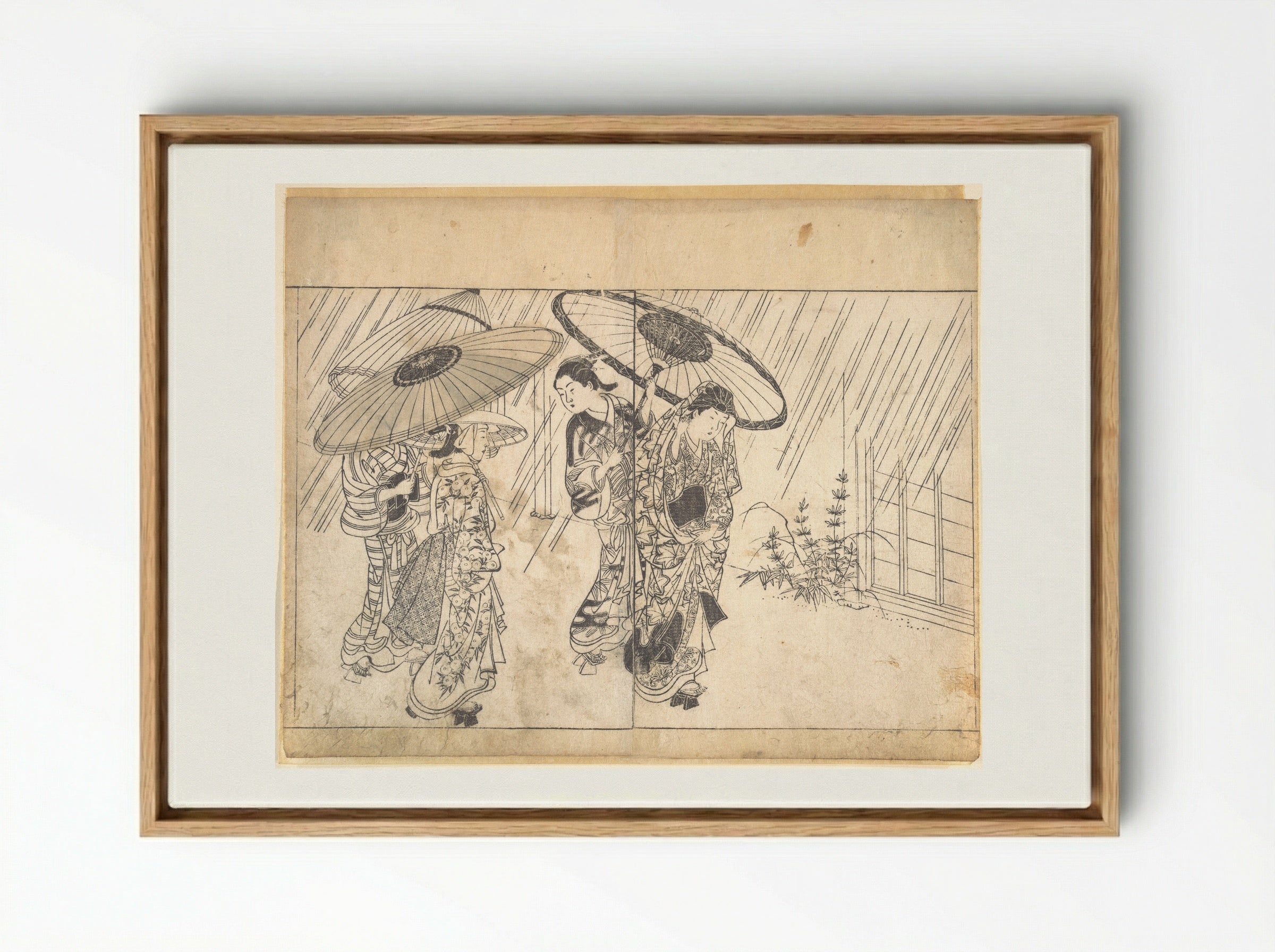 A Lady with Three Attendants in the Rain - Nishikawa Sukenobu - Framed Canvas Wood