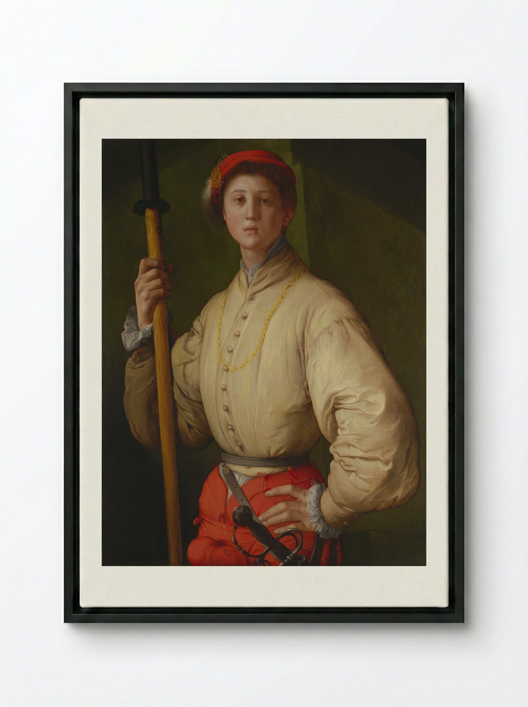Portrait of a Halberdier - Jacopo Pontormo - Framed Canvas Black