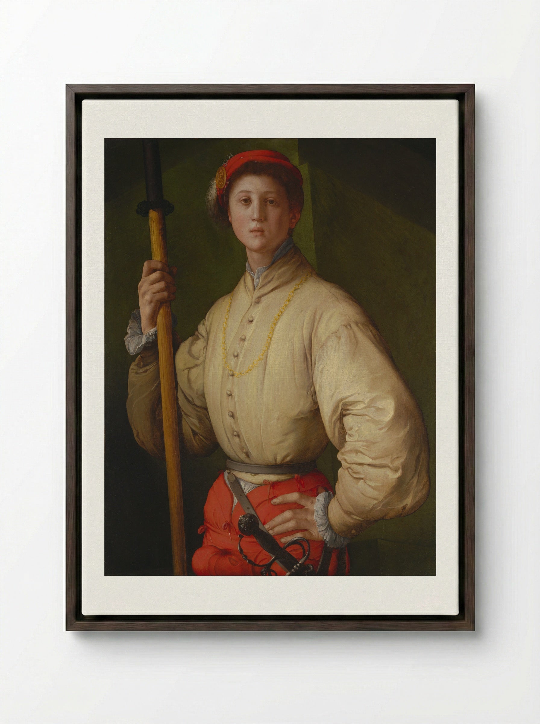 Portrait of a Halberdier - Jacopo Pontormo - Framed Canvas Dark Wood