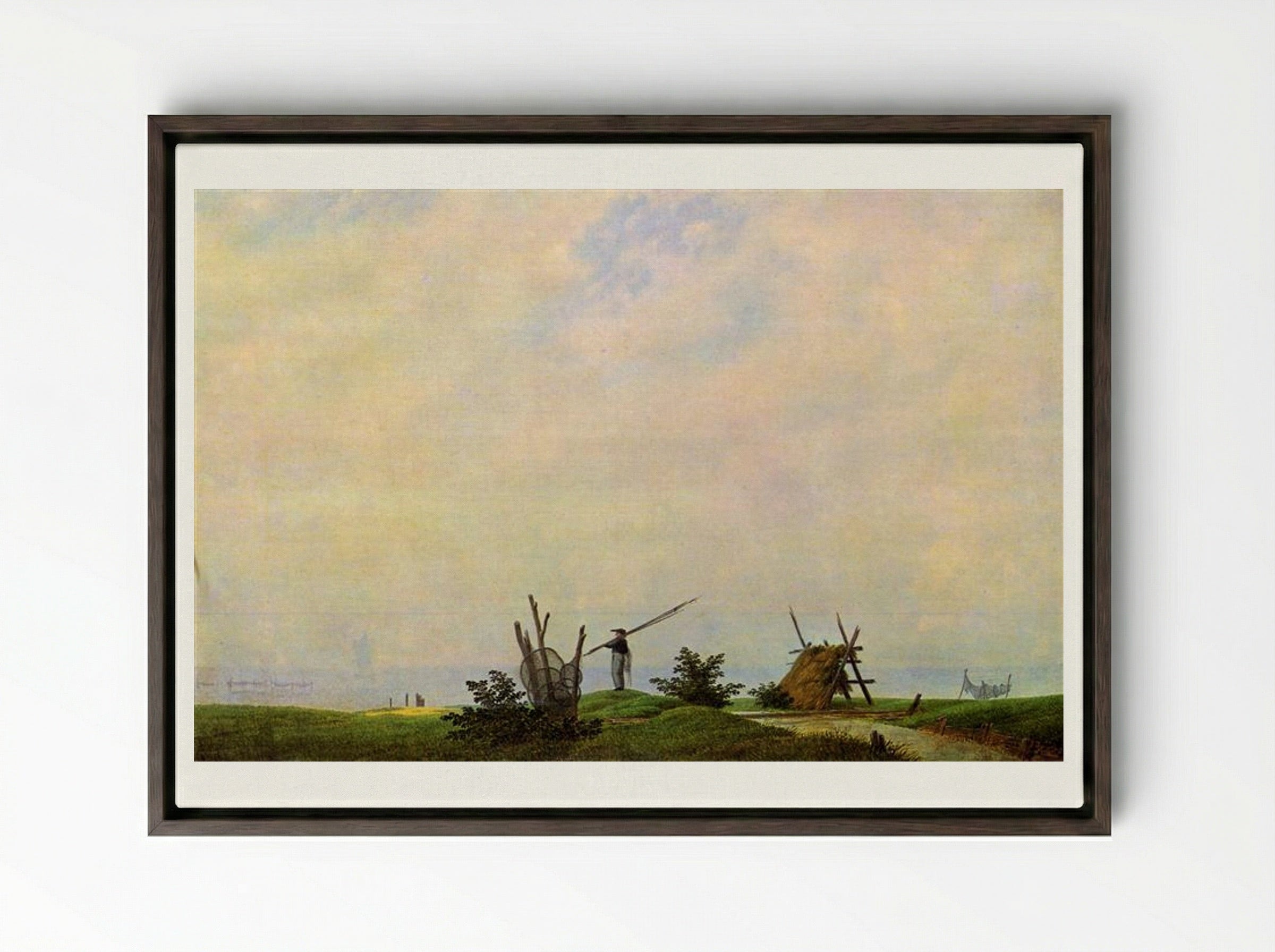 Sea beach with fisherman - Caspar David Friedrich - Framed Canvas Dark Wood