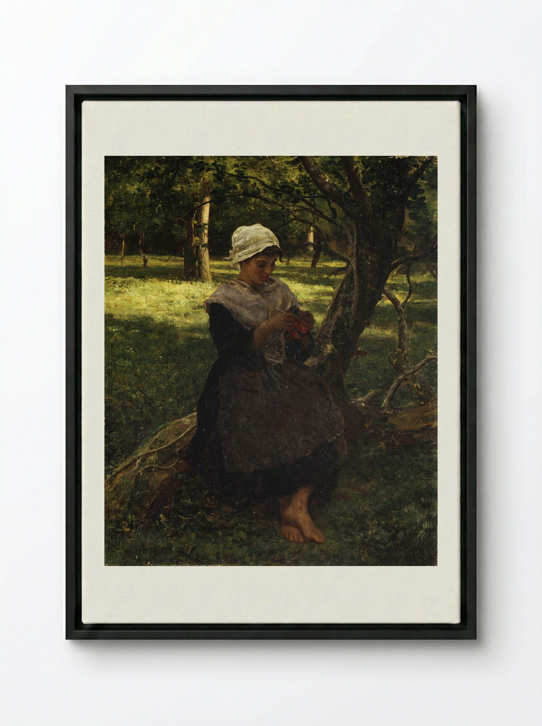 A Peasant Girl Knitting - Jules Breton - Framed Canvas Black