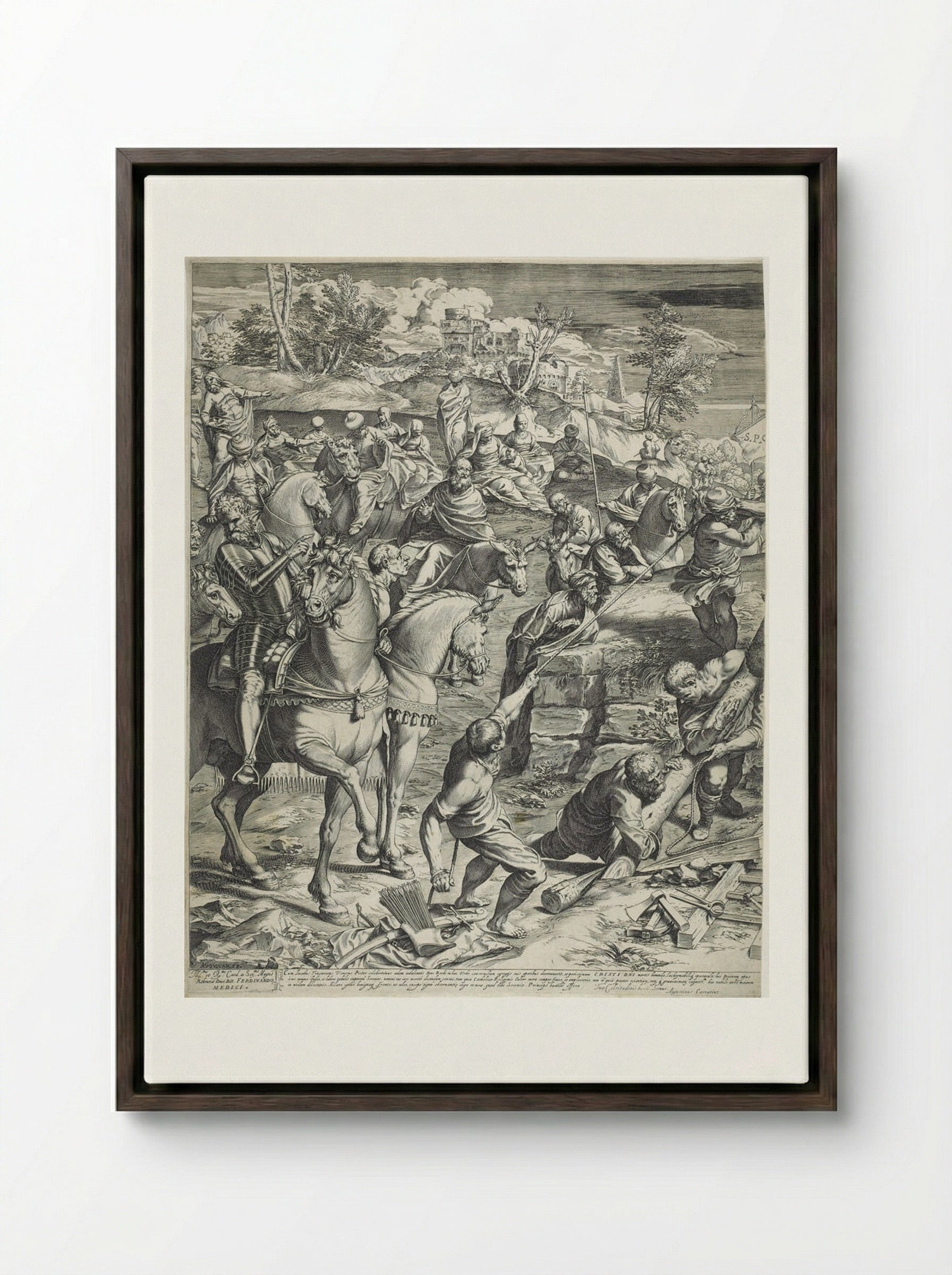 The Great Crucifixion (left panel) - Agostino Carracci - Framed Canvas Dark Wood