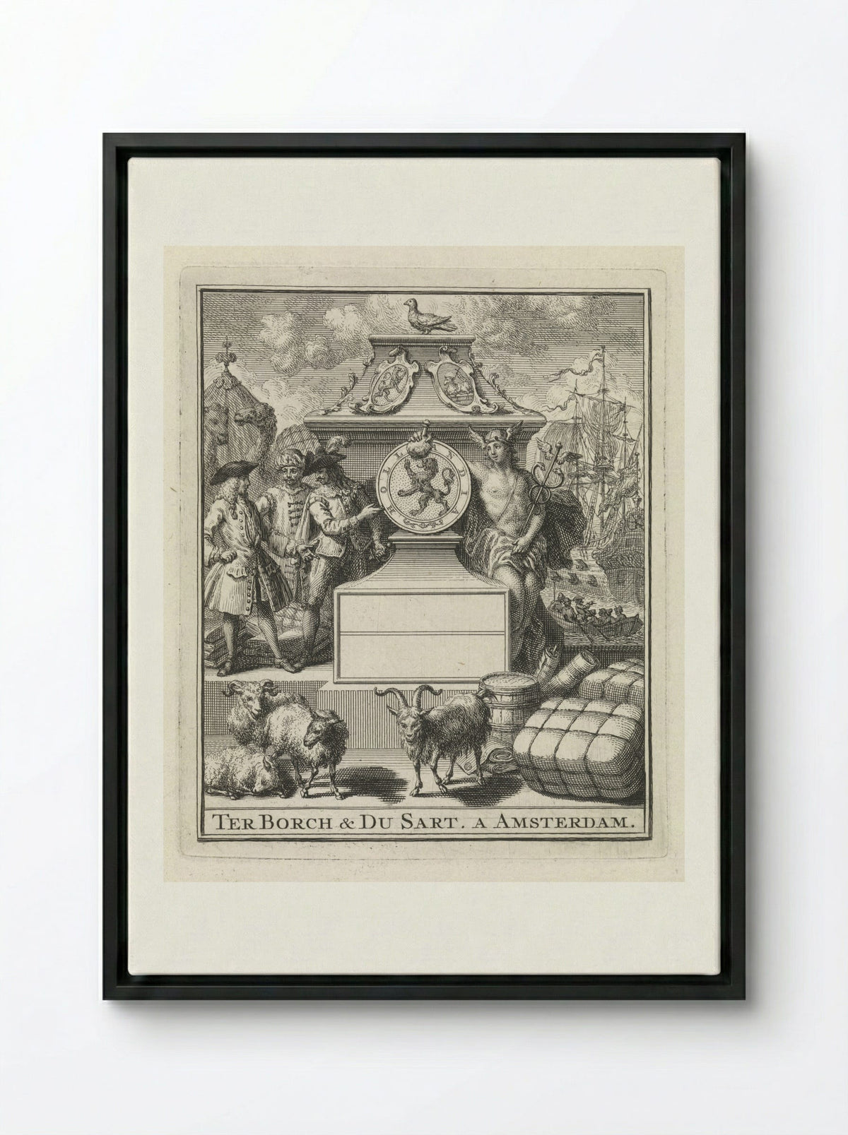 Handelaren en Mercurius naast het wapen van Holland - Pieter Tanjé - Framed Canvas Black