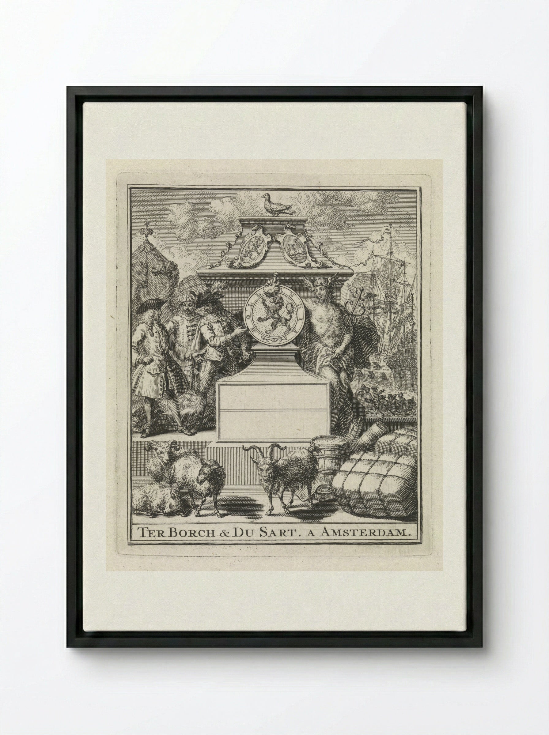 Handelaren en Mercurius naast het wapen van Holland - Pieter Tanjé - Framed Canvas Black