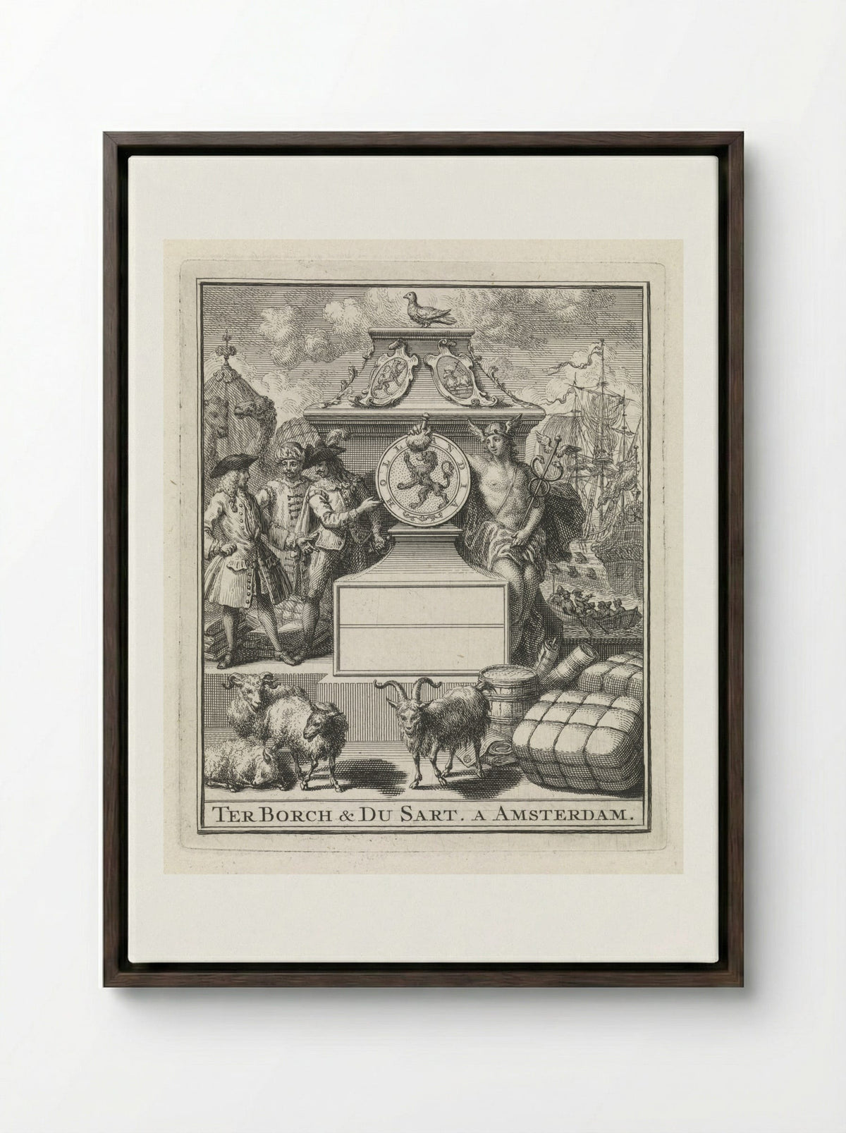 Handelaren en Mercurius naast het wapen van Holland - Pieter Tanjé - Framed Canvas Dark Wood