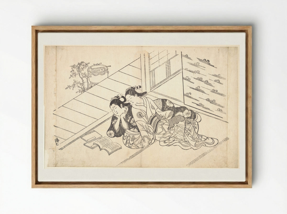 Two Women Reclining on the Floor of a Room and Reading a Book - Nishikawa Sukenobu - Framed Canvas Wood