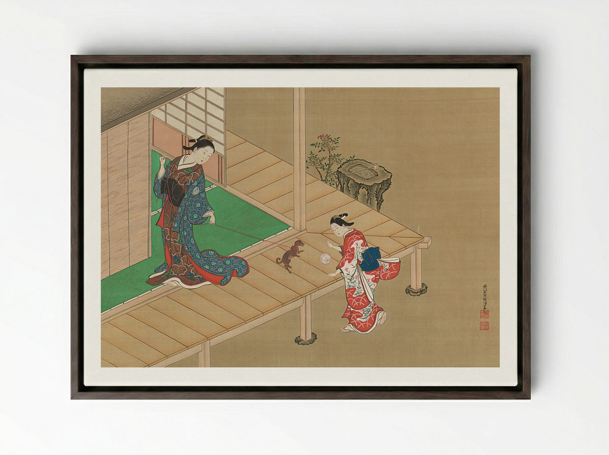 Lady Playing with a Dog on a Veranda - Nishikawa Sukenobu - Framed Canvas Dark Wood