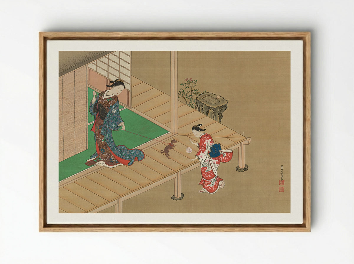 Lady Playing with a Dog on a Veranda - Nishikawa Sukenobu - Framed Canvas Wood